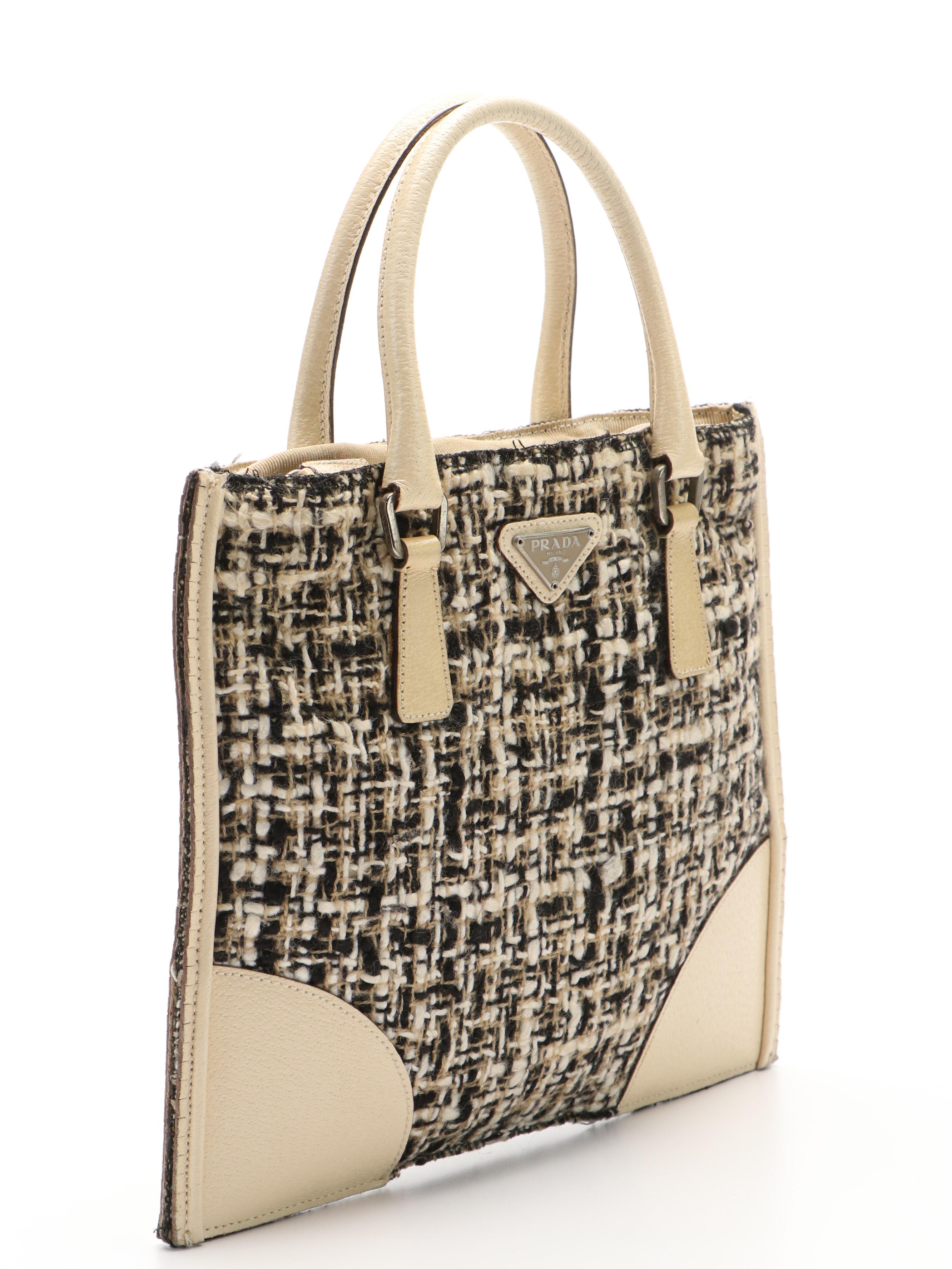 Prada Cinghiale Zippered Mini Tote in Tweed and Cream Leather
