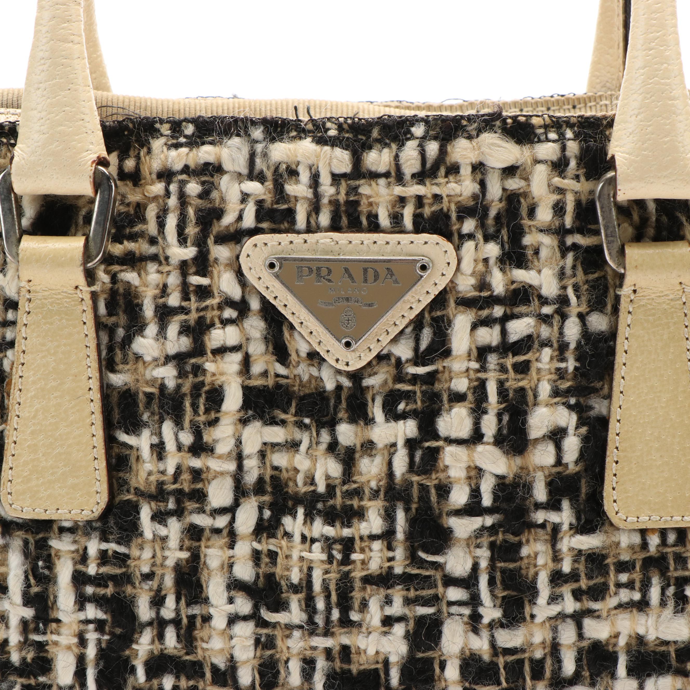 Prada Cinghiale Zippered Mini Tote in Tweed and Cream Leather