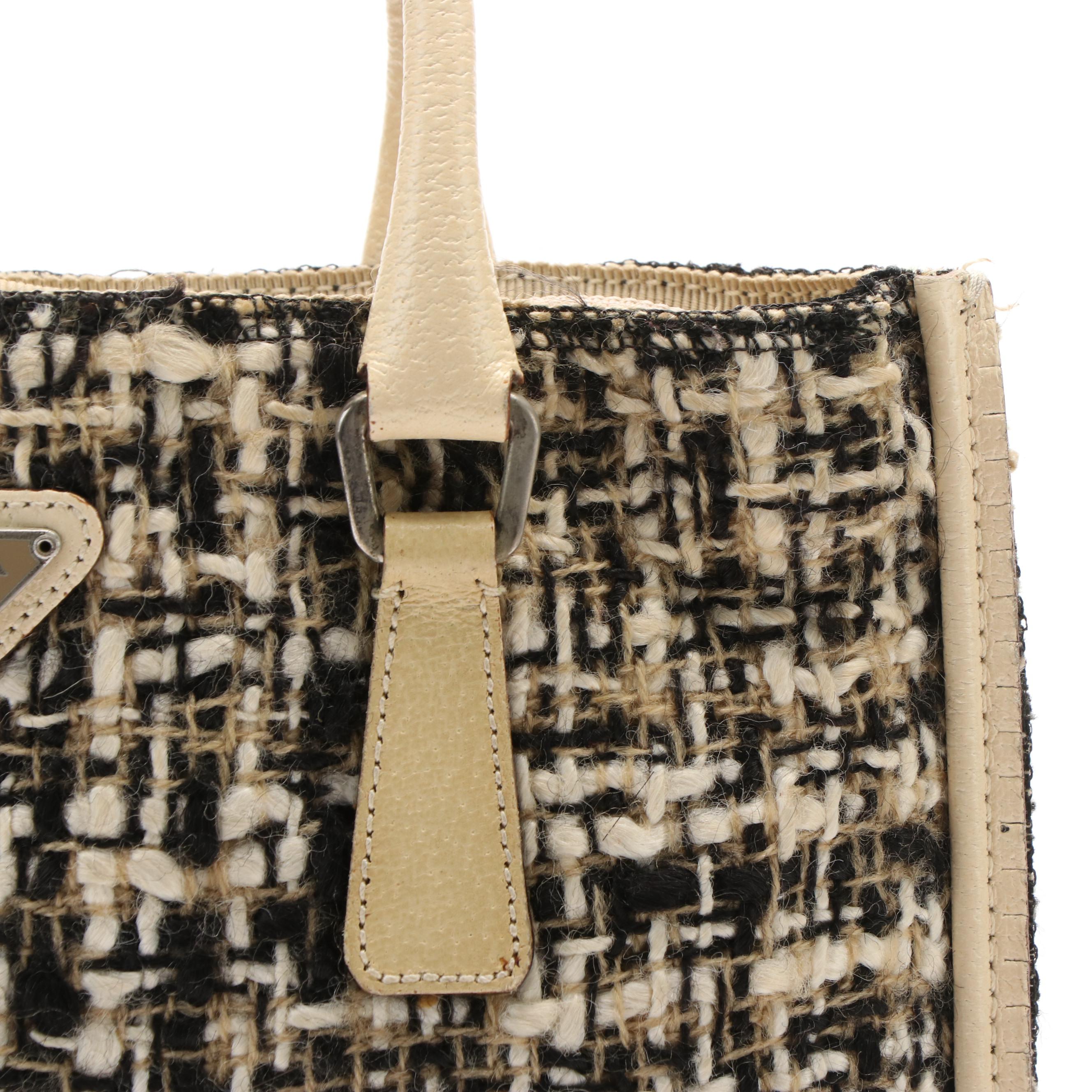 Prada Cinghiale Zippered Mini Tote in Tweed and Cream Leather