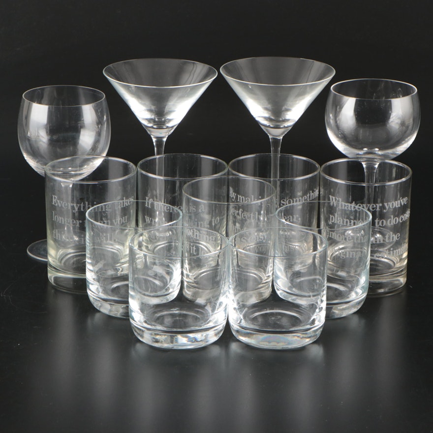 Engraved Glass Lowball Glasses with Glass Martini Glasses and More