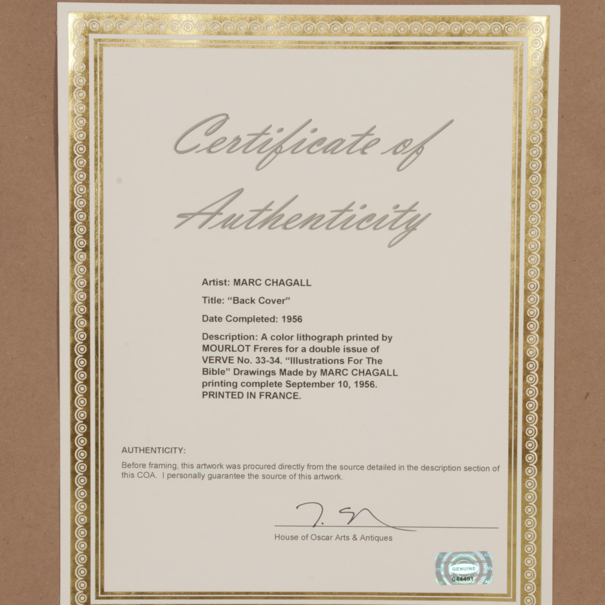 Marc Chagall Color Lithograph Cover From "Verve," 1956