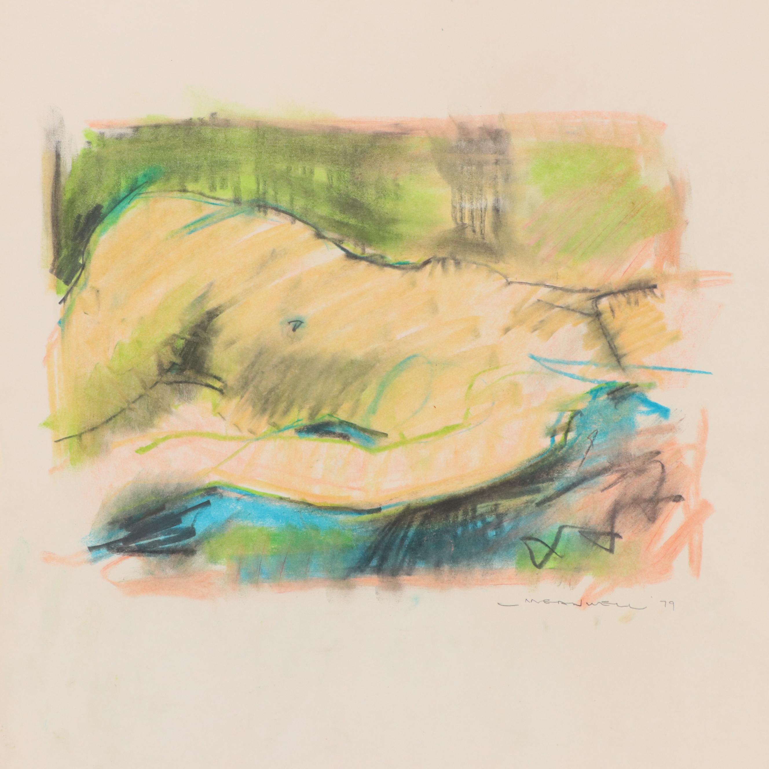 Jack Meanwell Modern Nude Figural Oil Pastel Drawing, 1979
