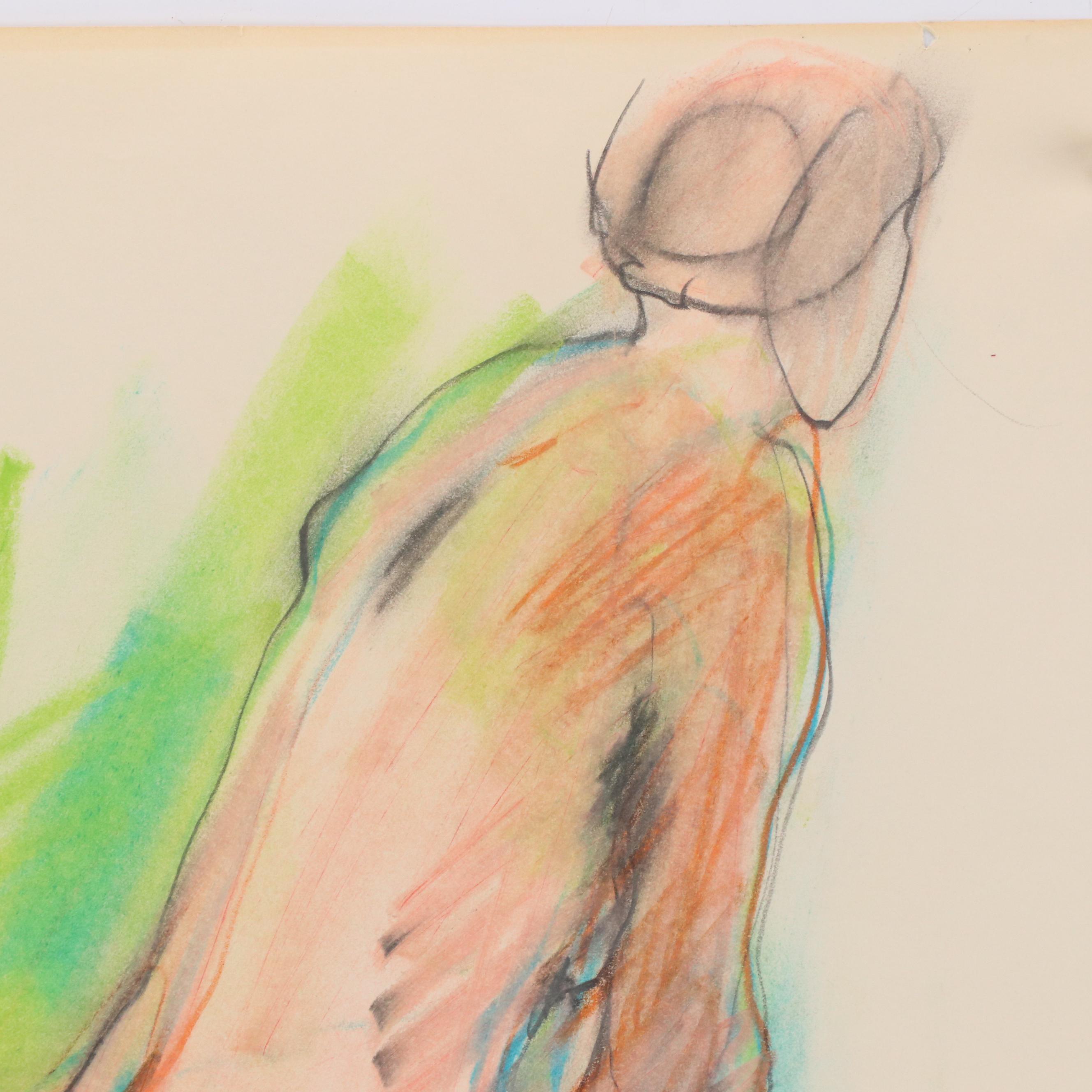 Jack Meanwell Modern Nude Figural Oil Pastel Drawing, 1979