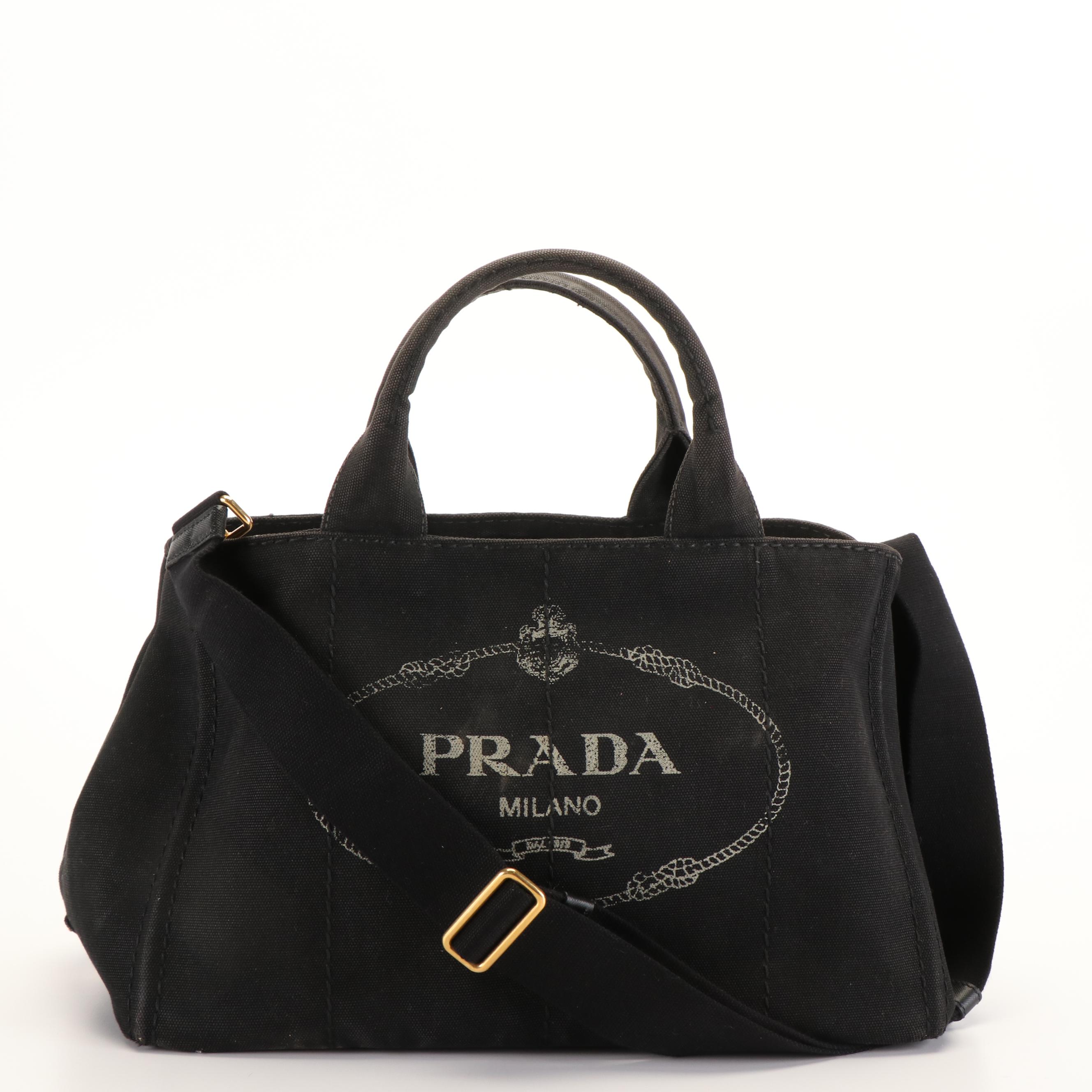 Prada Canapa and Triangle Logo Convertible Tote Bag in Black Canvas