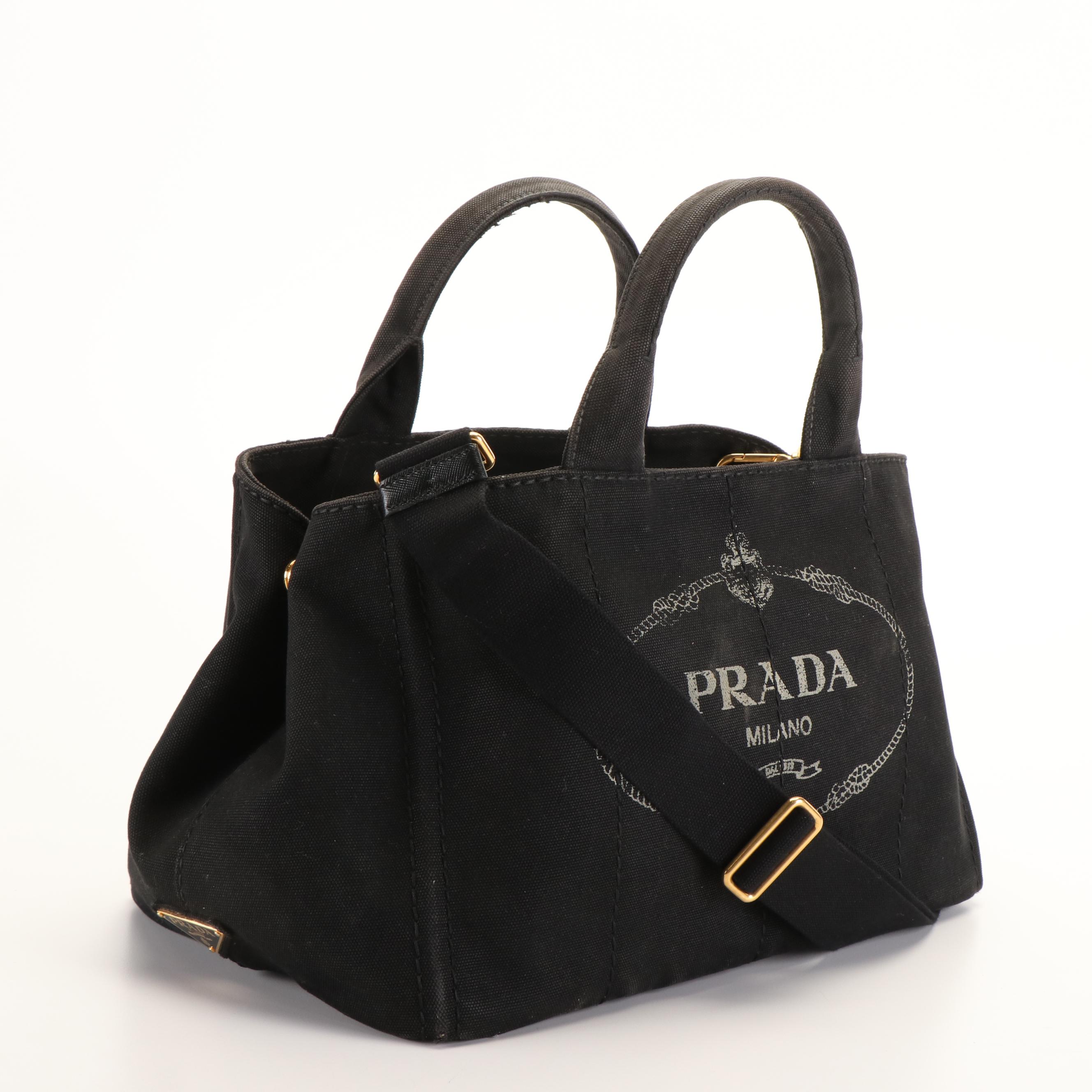 Prada Canapa and Triangle Logo Convertible Tote Bag in Black Canvas