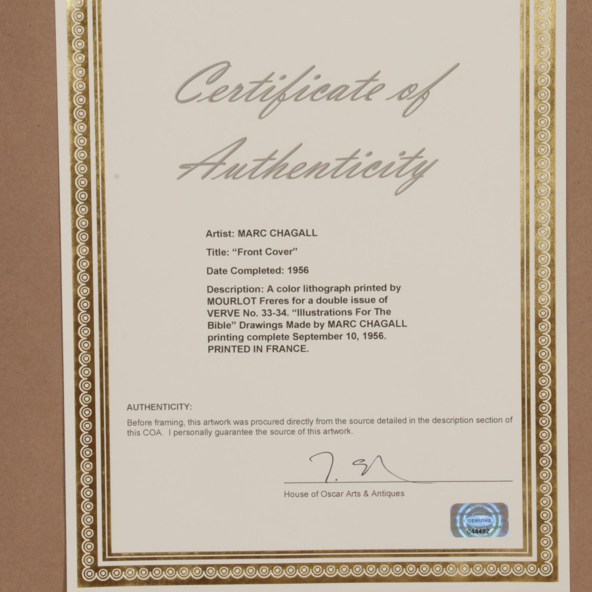 Marc Chagall Color Lithograph Front Cover From "Verve," 1956