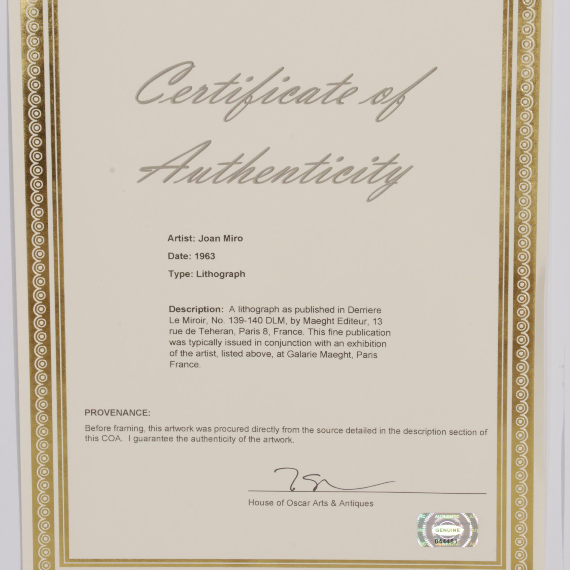 Joan Miró Color Lithograph for "Derrière le Miroir," 1963