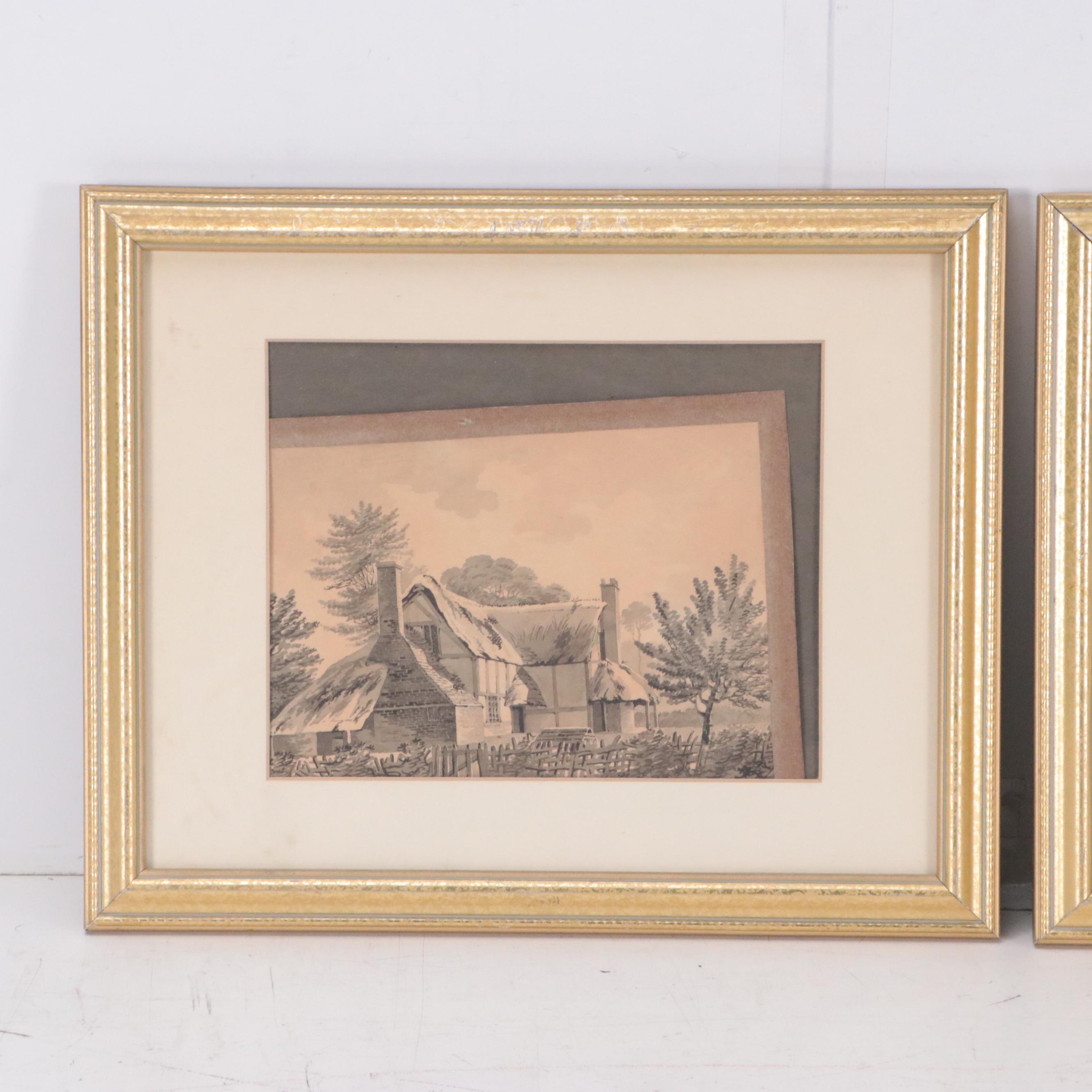 Countryside Landscape Grisaille Watercolor Painting of Cottage and More