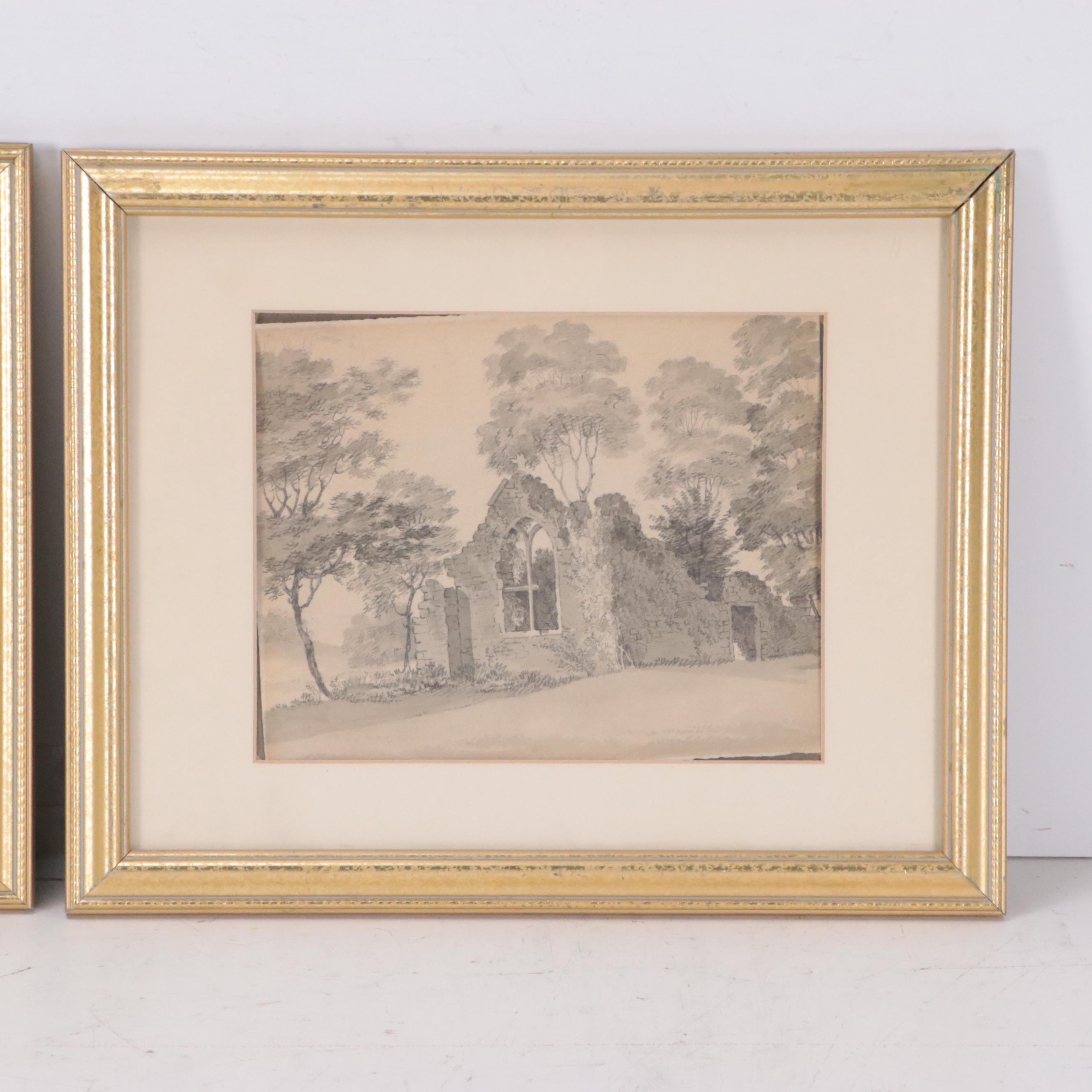 Countryside Landscape Grisaille Watercolor Painting of Cottage and More