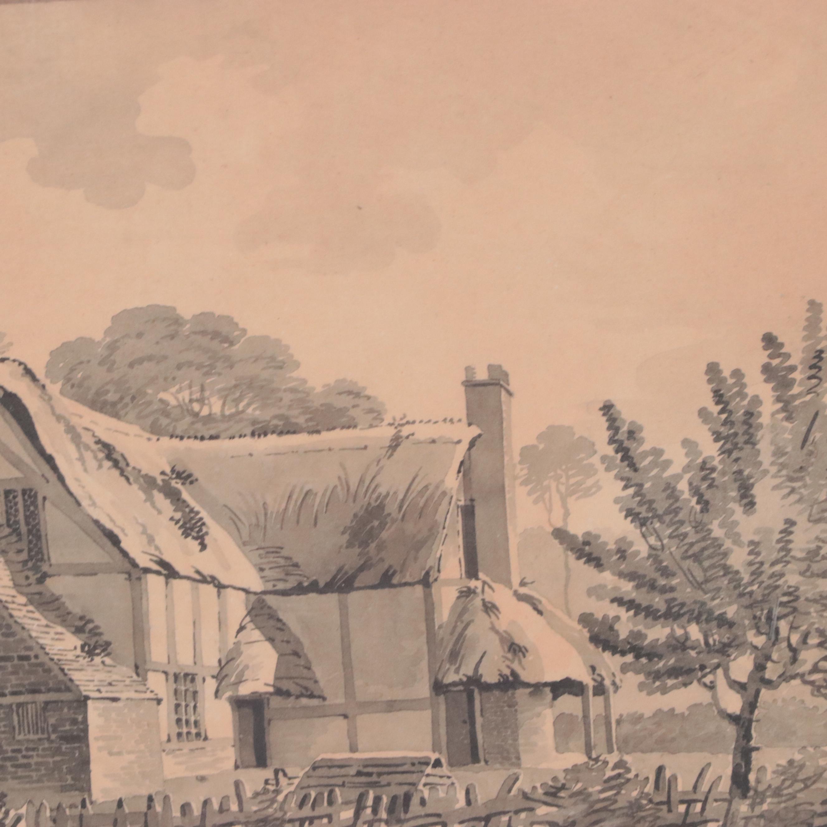 Countryside Landscape Grisaille Watercolor Painting of Cottage and More