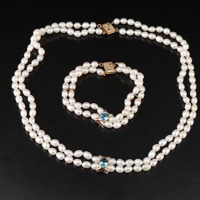 14K Double Strand Pearl and Topaz Necklace and Bracelet Set