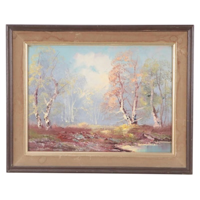 Wooded Pond Landscape Oil Painting, Late 20th Century