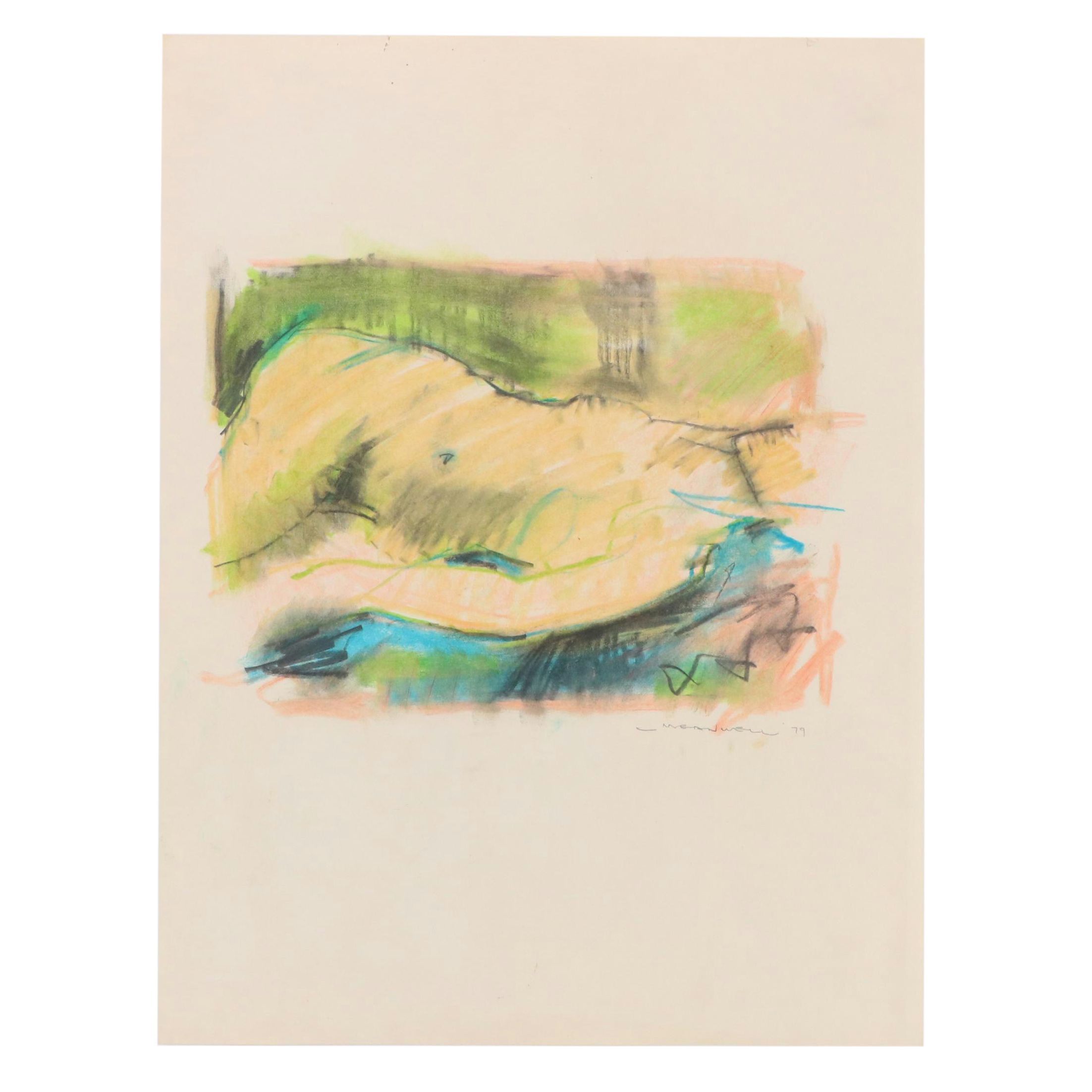 Jack Meanwell Modern Nude Figural Oil Pastel Drawing, 1979