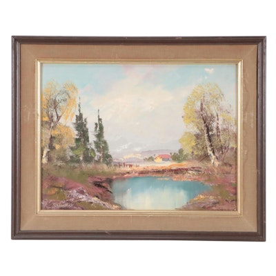 Wooded Pond Landscape Oil Painting, Late 20th Century