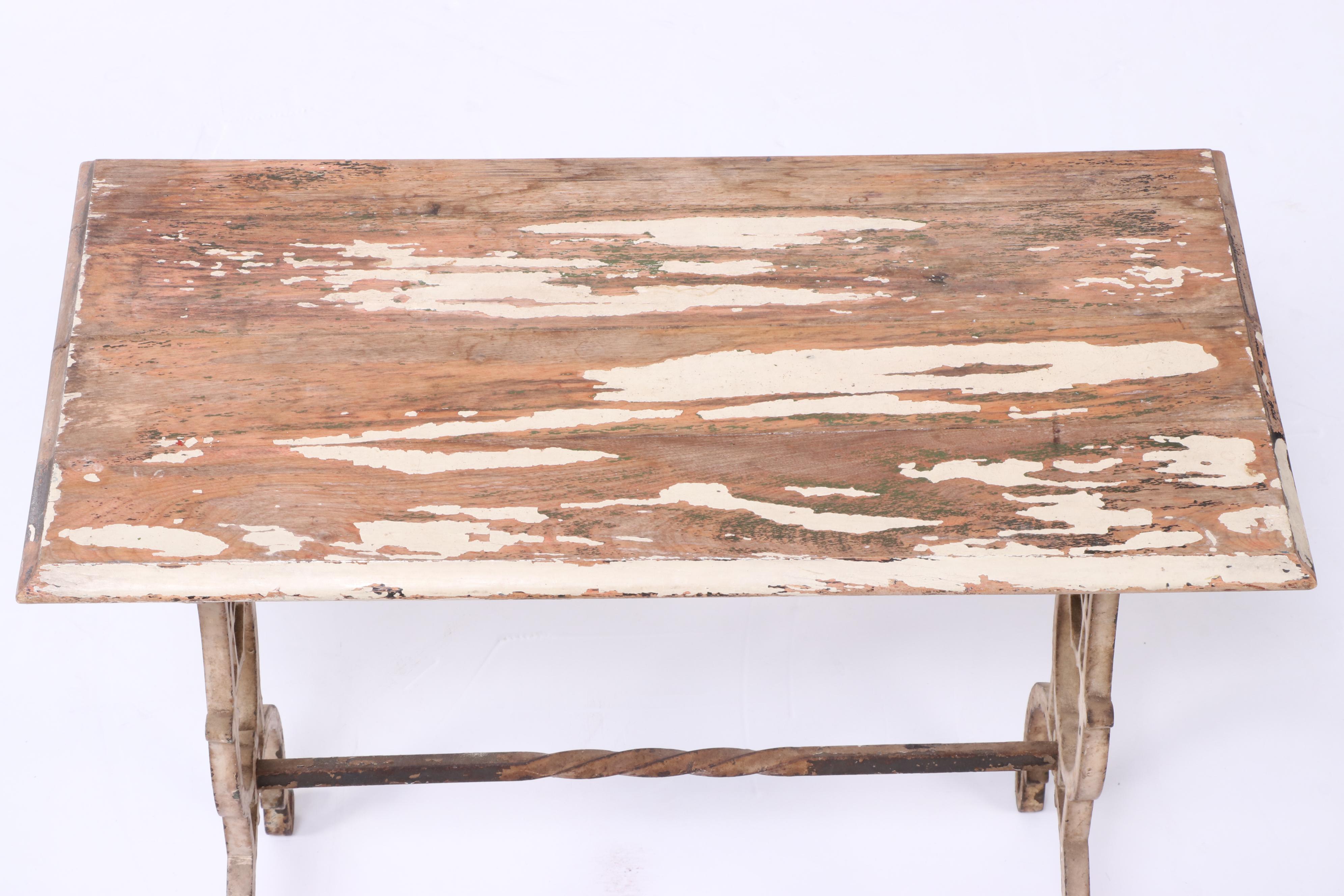 Wood Top Cast Iron Side Table, Antique