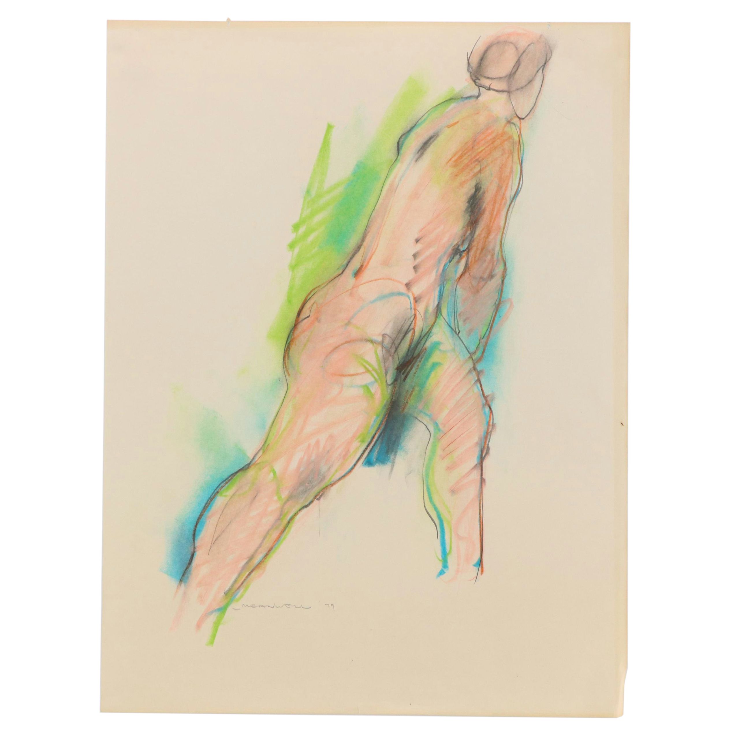 Jack Meanwell Modern Nude Figural Oil Pastel Drawing, 1979