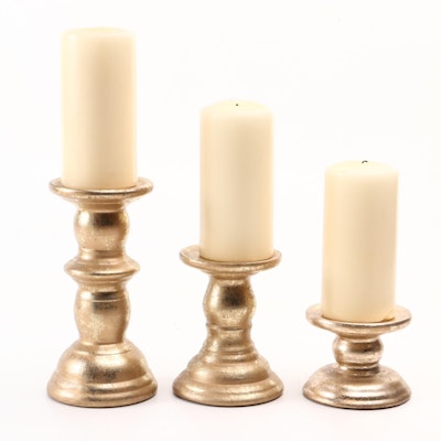Gilt Ceramic Pillar Candle Holders with Candles