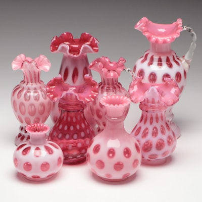 Fenton Cranberry Opalescent Optic Dot and Polka Dot Vases and Pitchers