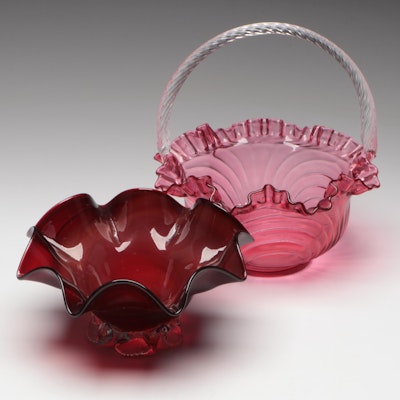 Fenton Cranberry Glass Country Basket and Murano Style Ruby Ruffled Bowl