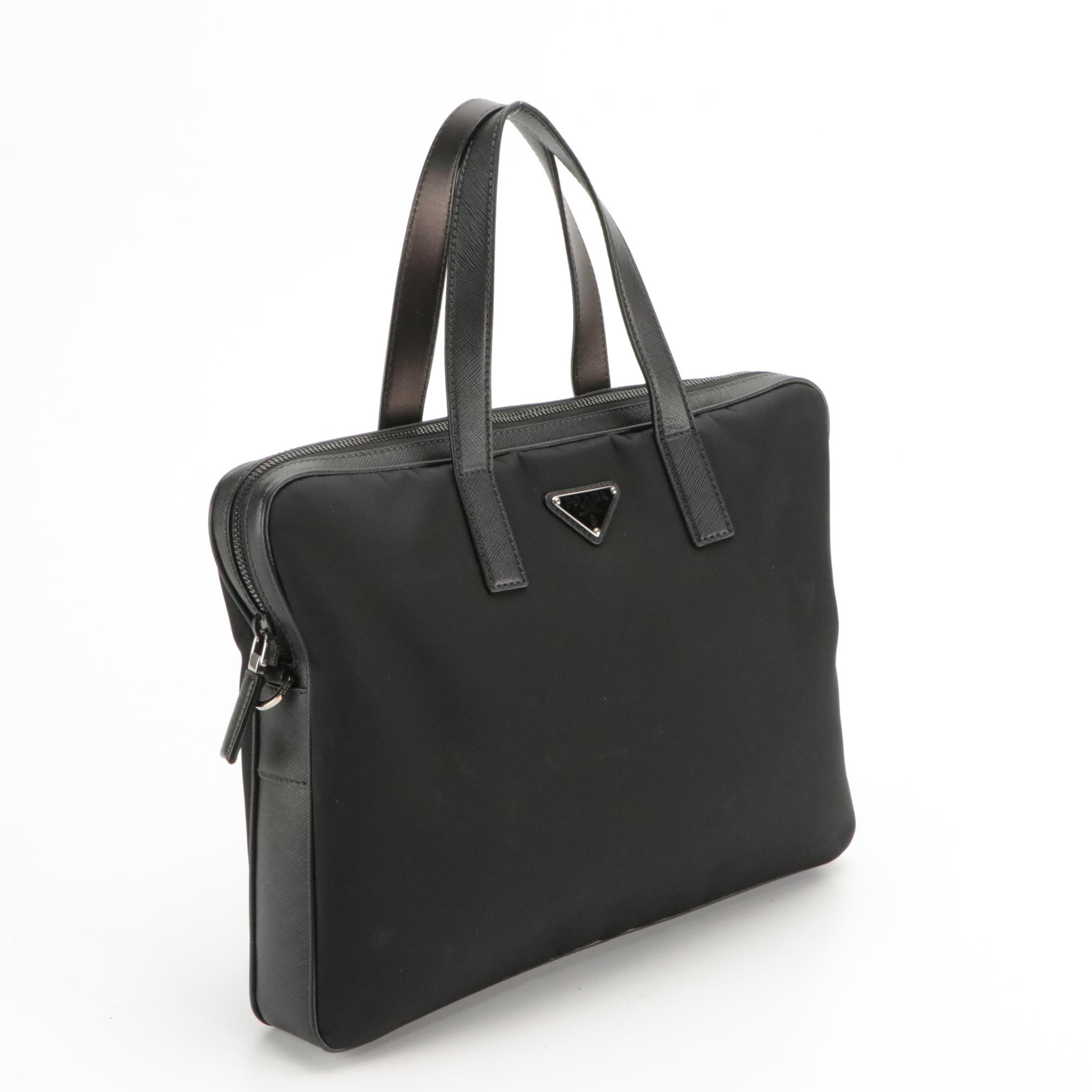 Prada Top-Handle Work Bag in Black Tessuto Nylon and Saffiano Leather Trim