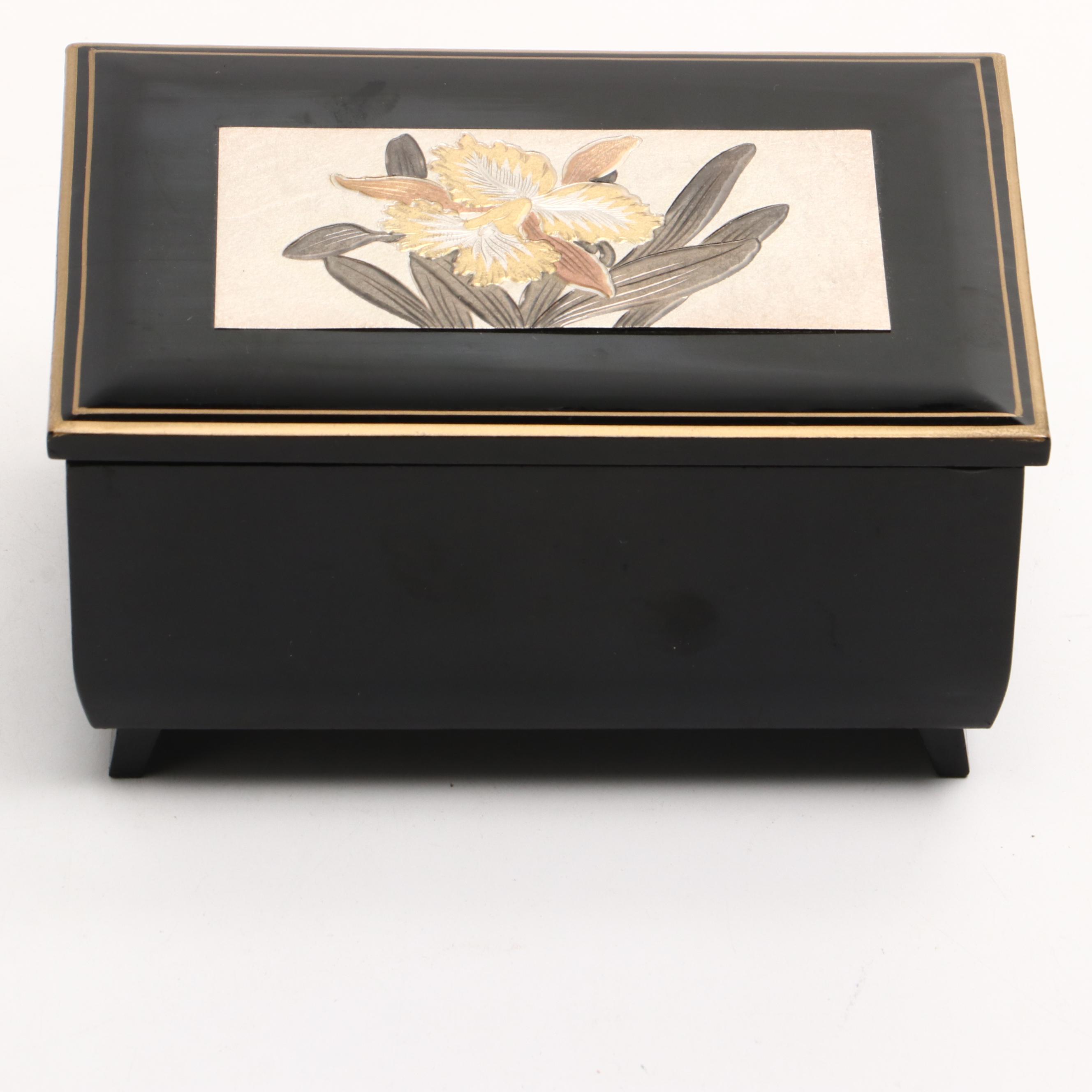 Japanese Lacquer Ware Serving Tray with Sankyo Floral Music Box, Vintage