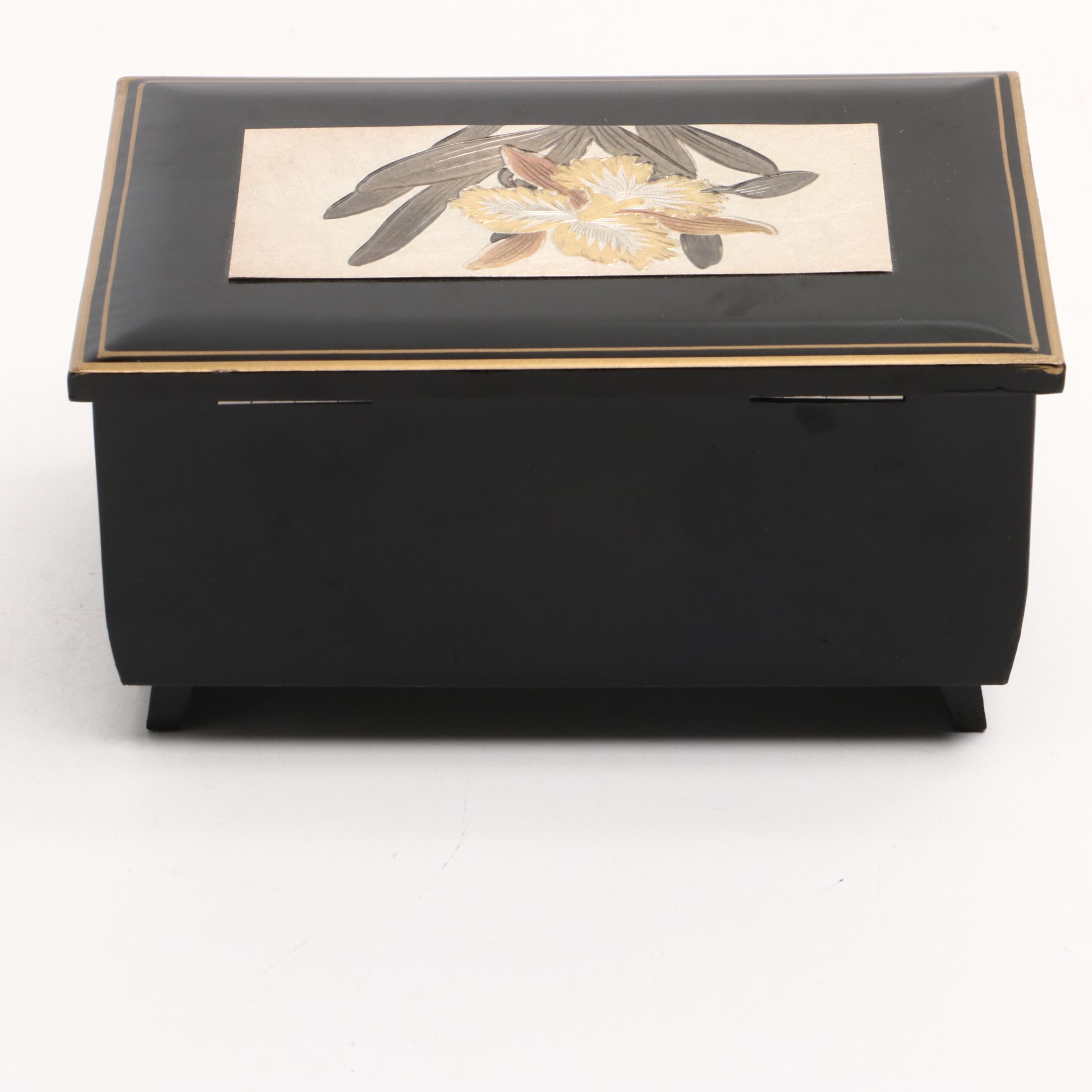 Japanese Lacquer Ware Serving Tray with Sankyo Floral Music Box, Vintage