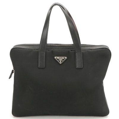 Prada Top-Handle Work Bag in Black Tessuto Nylon and Saffiano Leather Trim