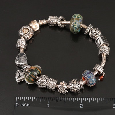 Pandora Sterling Charm Bracelet with Lampwork Glass, 14K and Coleman Charms