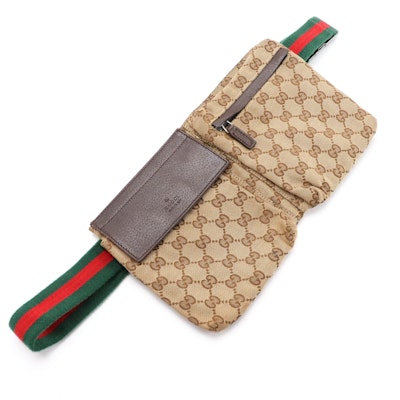 Gucci Double Pocket Belt Bag in GG Canvas and Sherry Line Web Strap