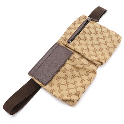 Gucci GG Monogram Canvas and Brown Leather Double Pocket Belt Bag