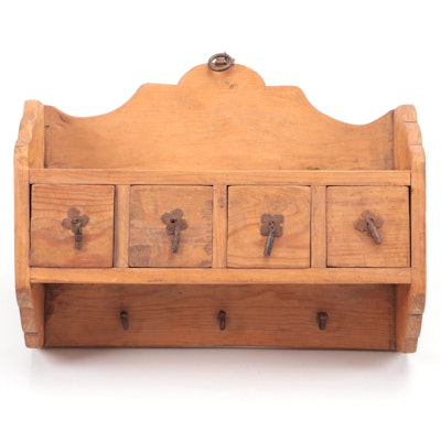 Spanish Colonial Style Pine Wall Shelf with Iron Drop Pulls, 20th Century