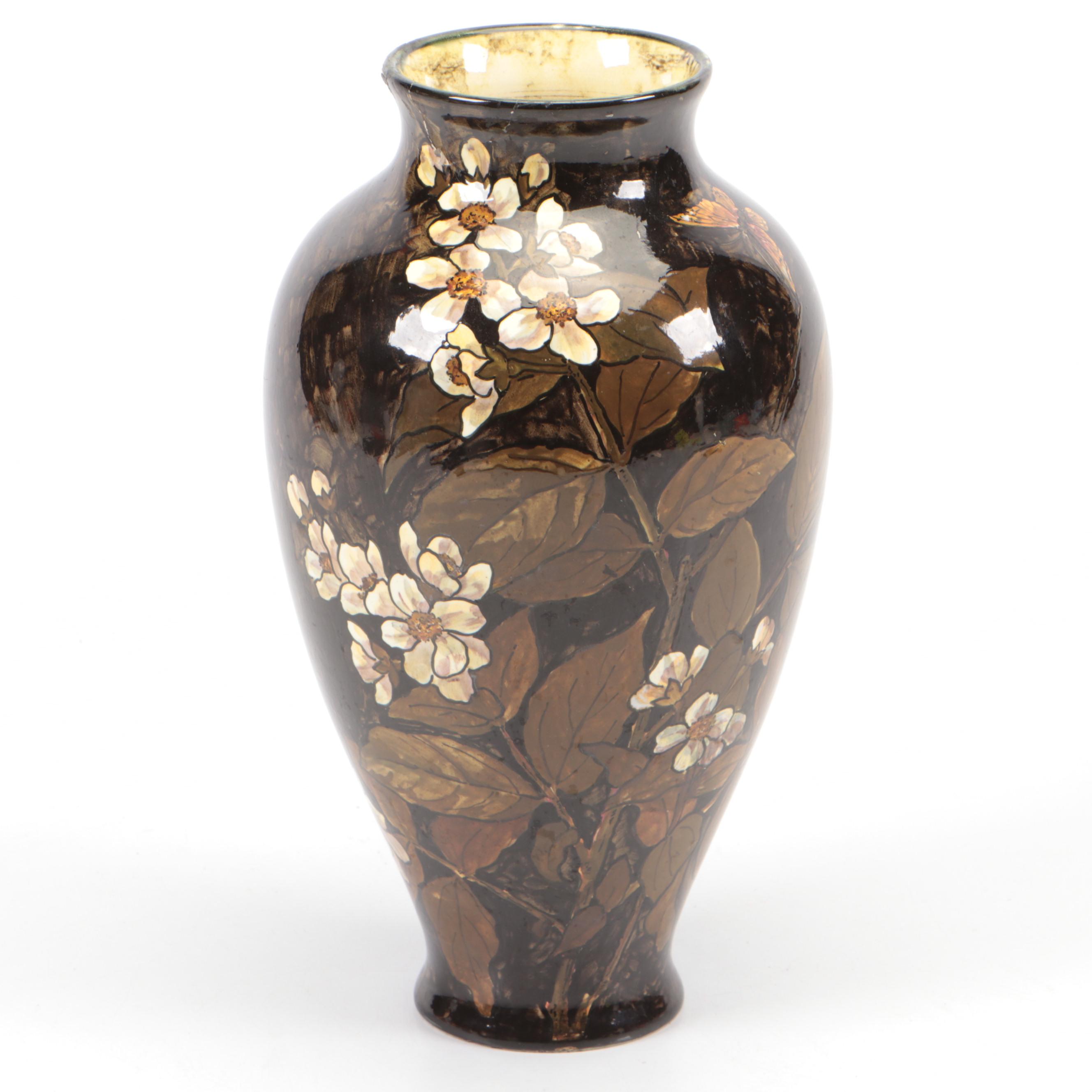 John Bennett Hand-Painted Dogwood Blossoms Earthenware Vase, 1879