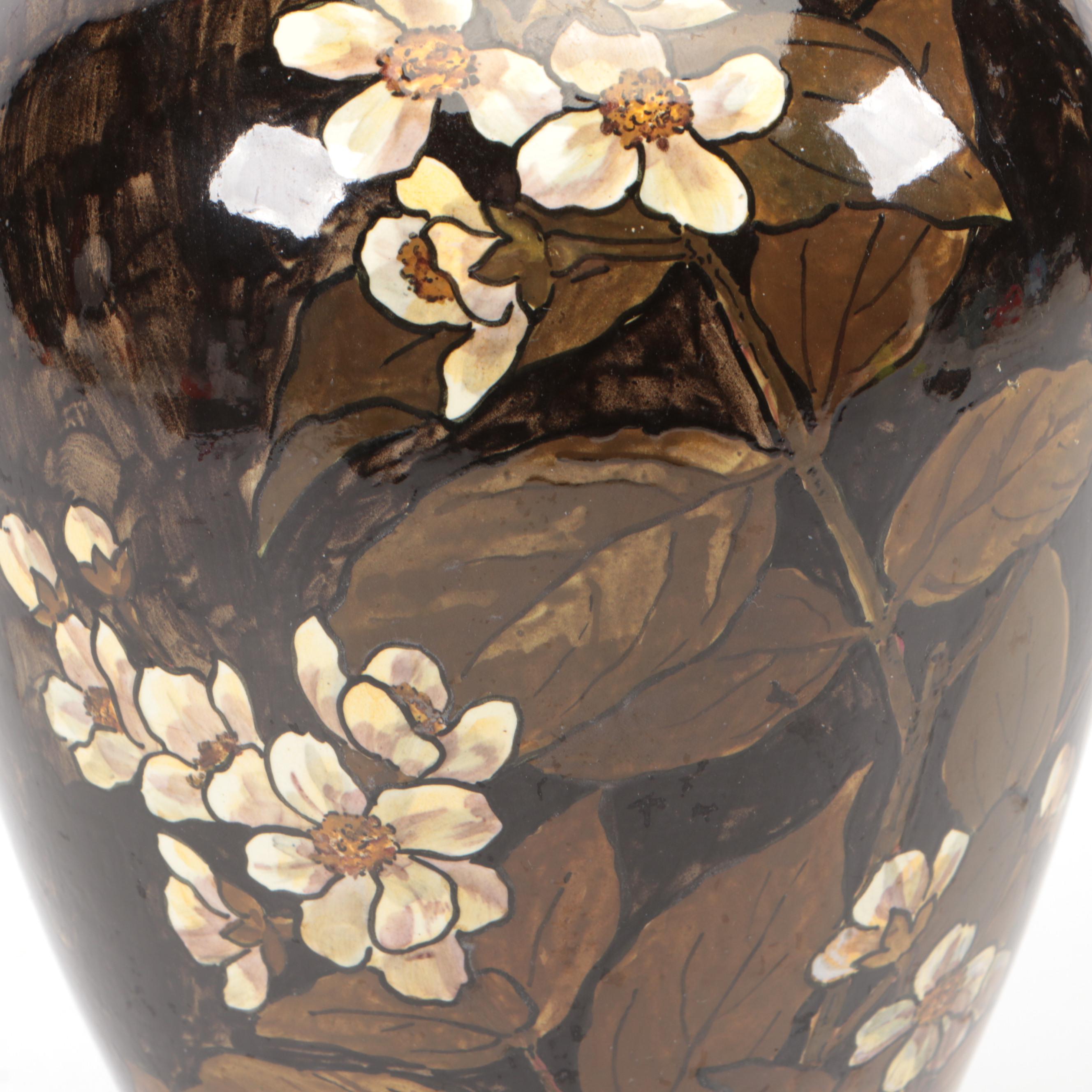 John Bennett Hand-Painted Dogwood Blossoms Earthenware Vase, 1879