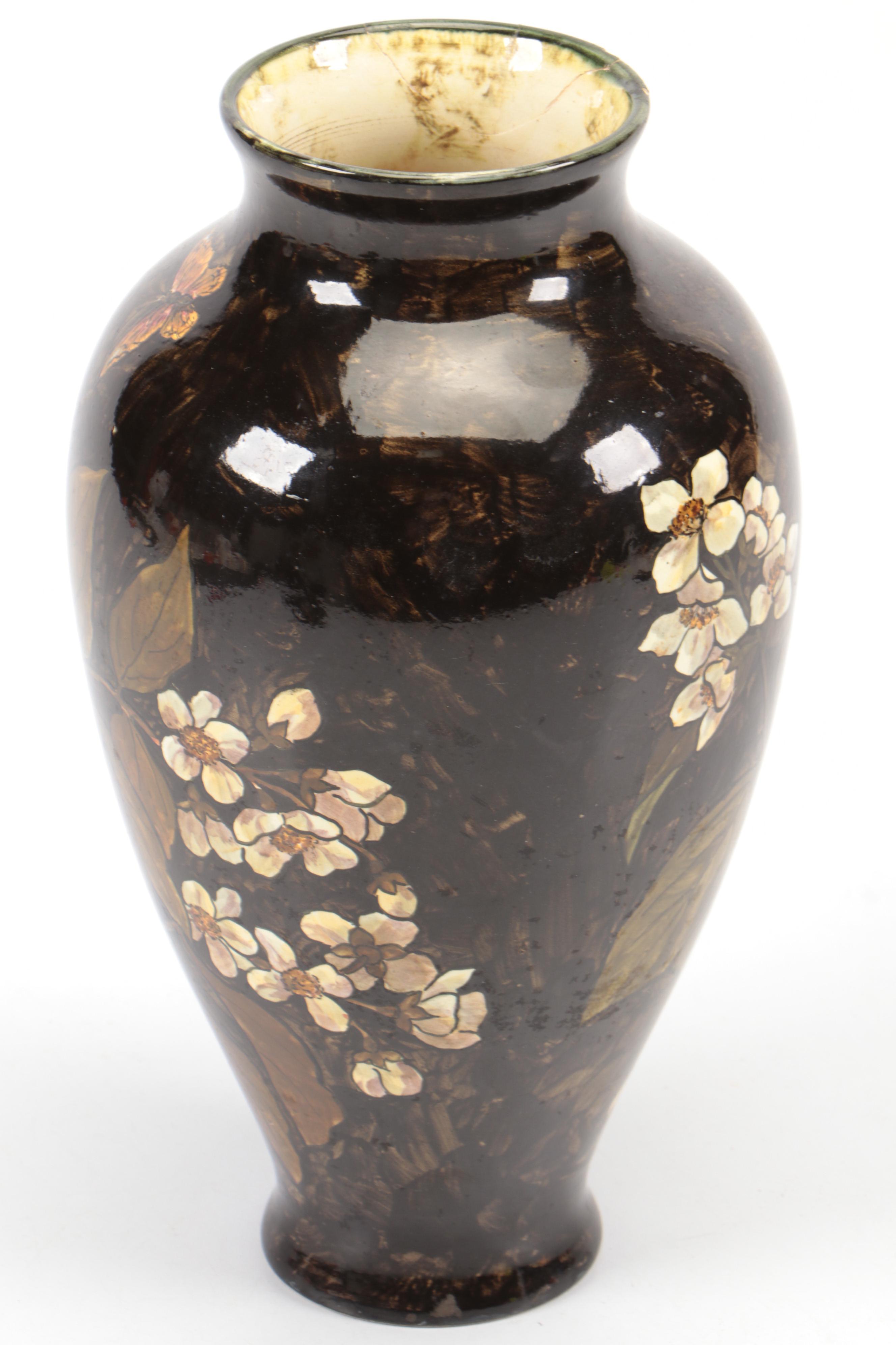 John Bennett Hand-Painted Dogwood Blossoms Earthenware Vase, 1879
