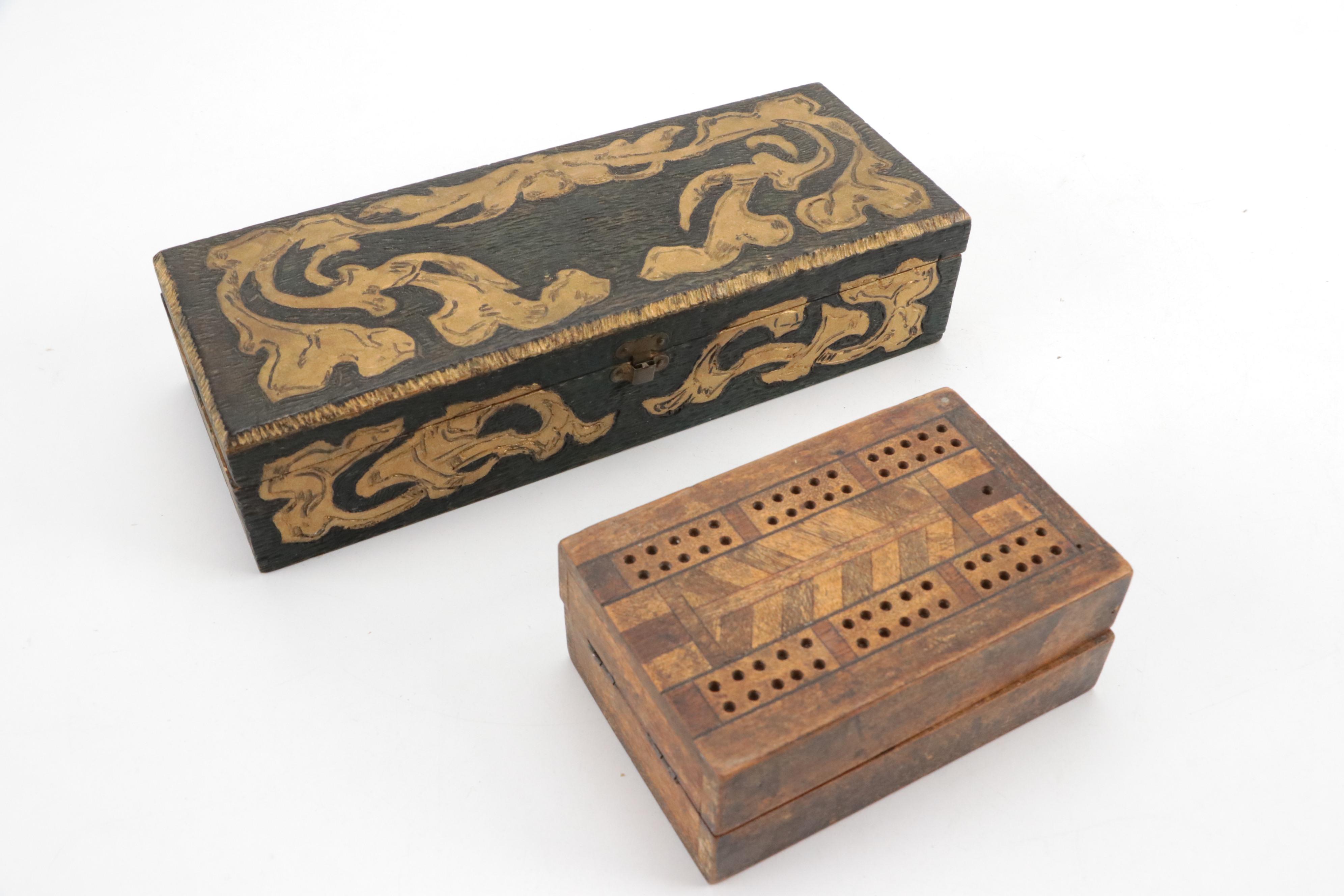 Wood Cribbage Board with Decorative Boxes, Basket, and Leather Wrapped Jug