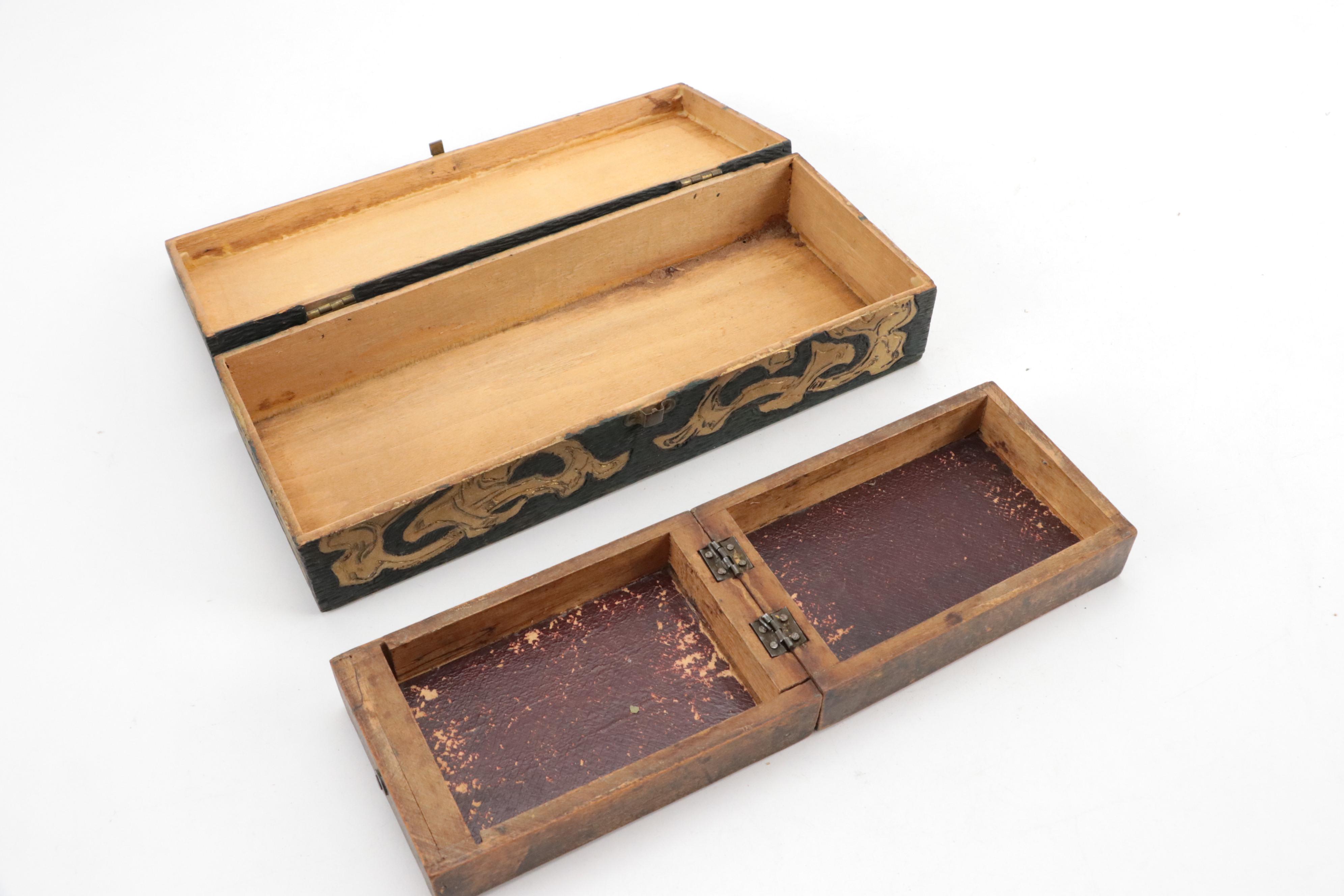 Wood Cribbage Board with Decorative Boxes, Basket, and Leather Wrapped Jug