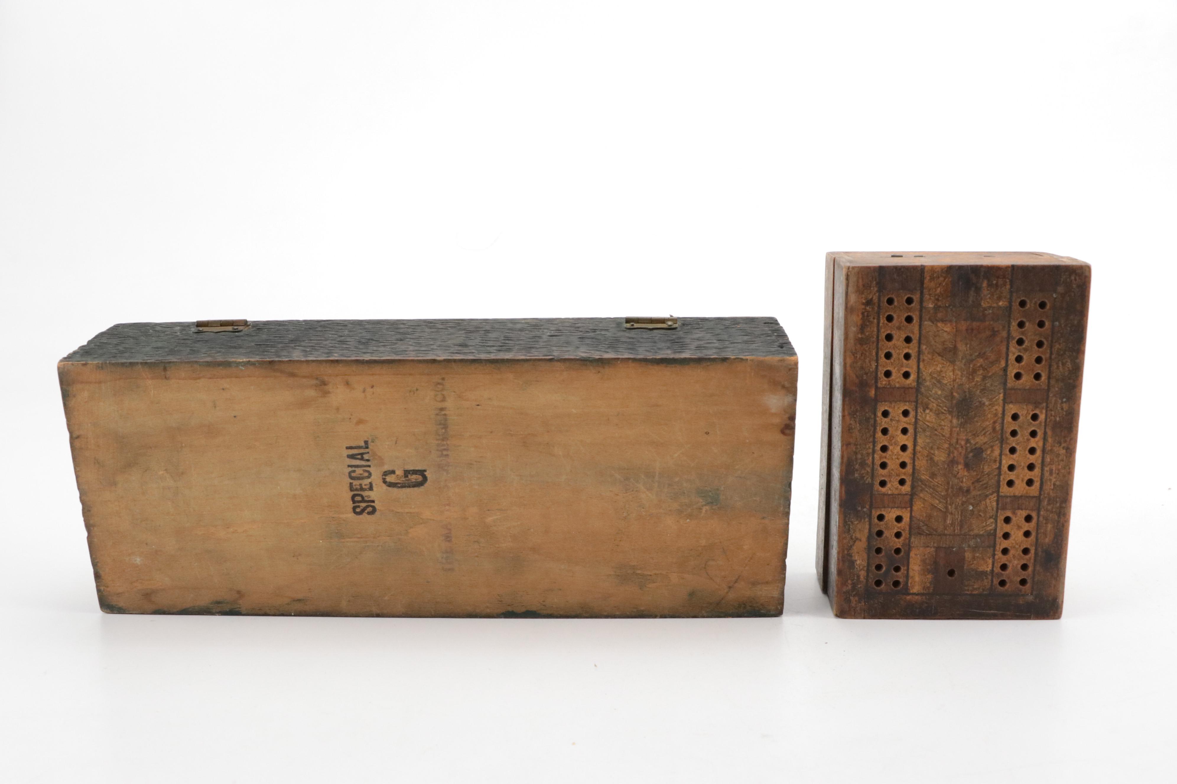 Wood Cribbage Board with Decorative Boxes, Basket, and Leather Wrapped Jug