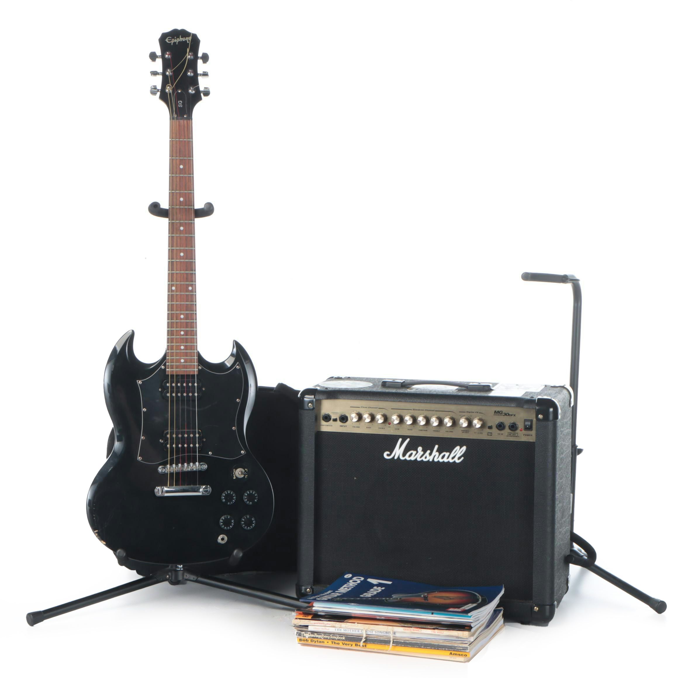 Epiphone SG Electric Guitar with Marshall MG Series 30 DFX Amp, Stands and More
