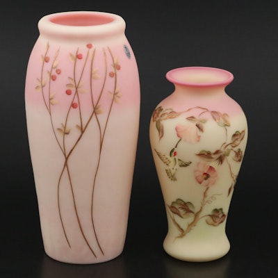 Fenton 90th Anniversary Burmese Hand-Painted "Hummingbird" and "Berries" Vases