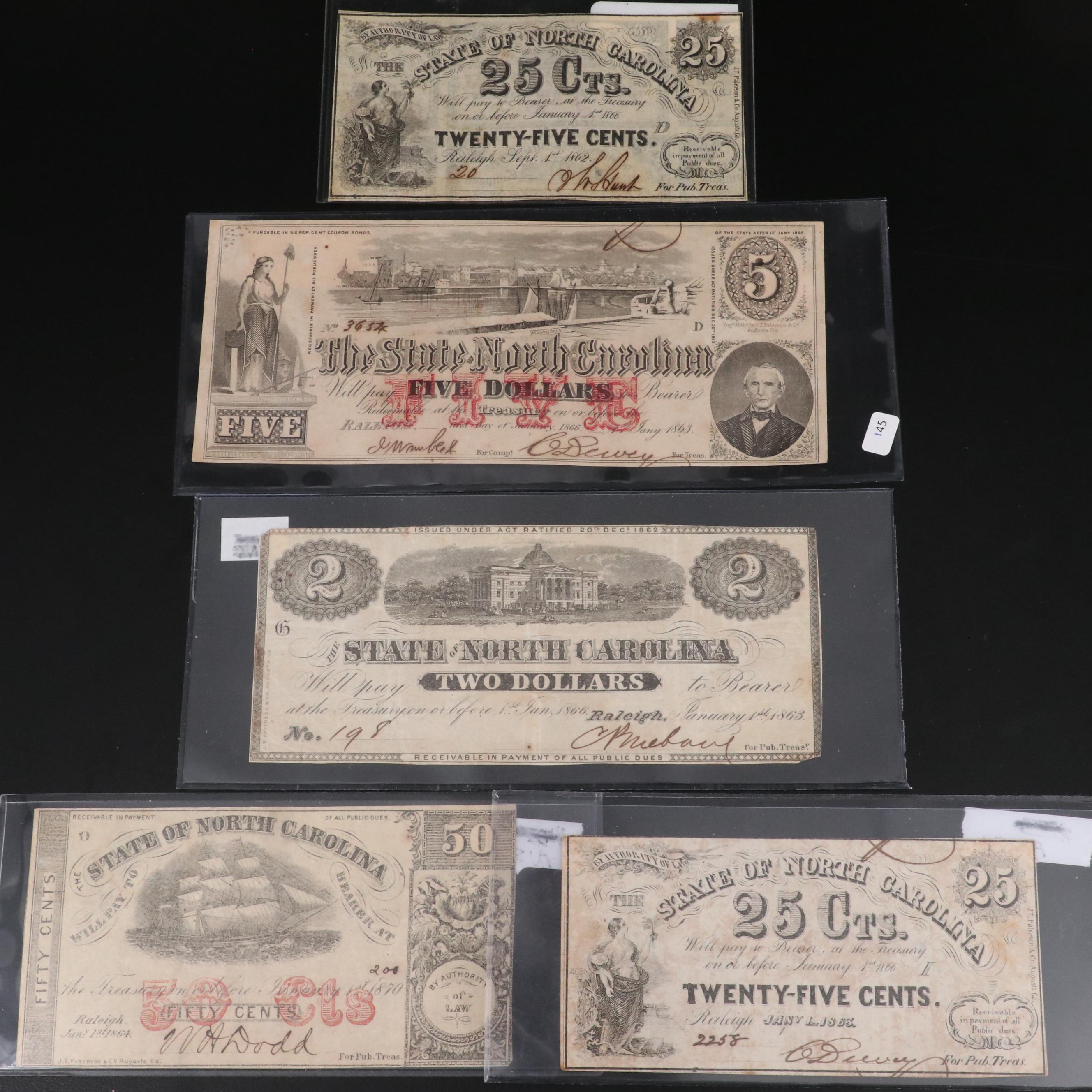 Collection of Five Civil War Era, North Carolina Obsolete Bank Notes