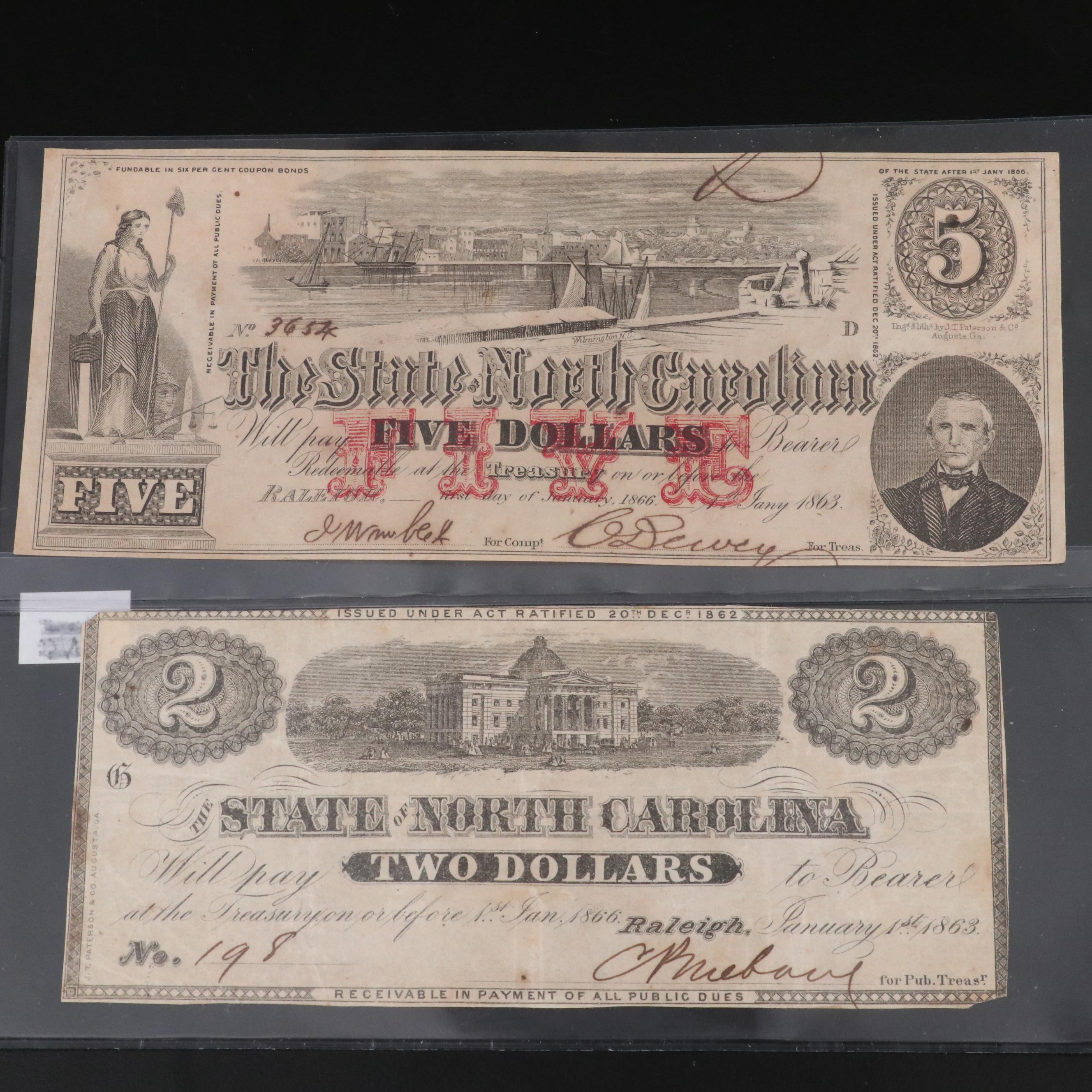 Collection of Five Civil War Era, North Carolina Obsolete Bank Notes
