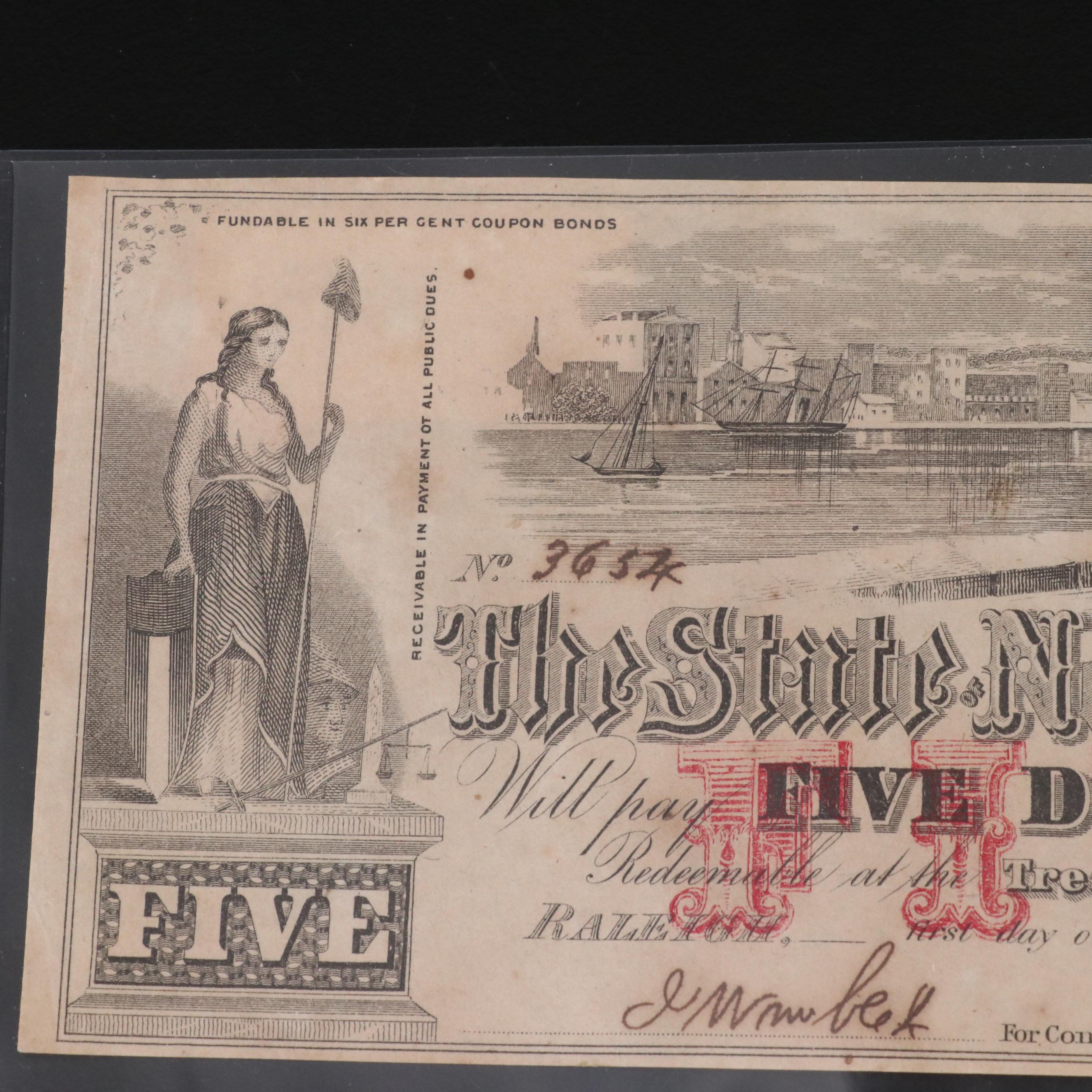 Collection of Five Civil War Era, North Carolina Obsolete Bank Notes