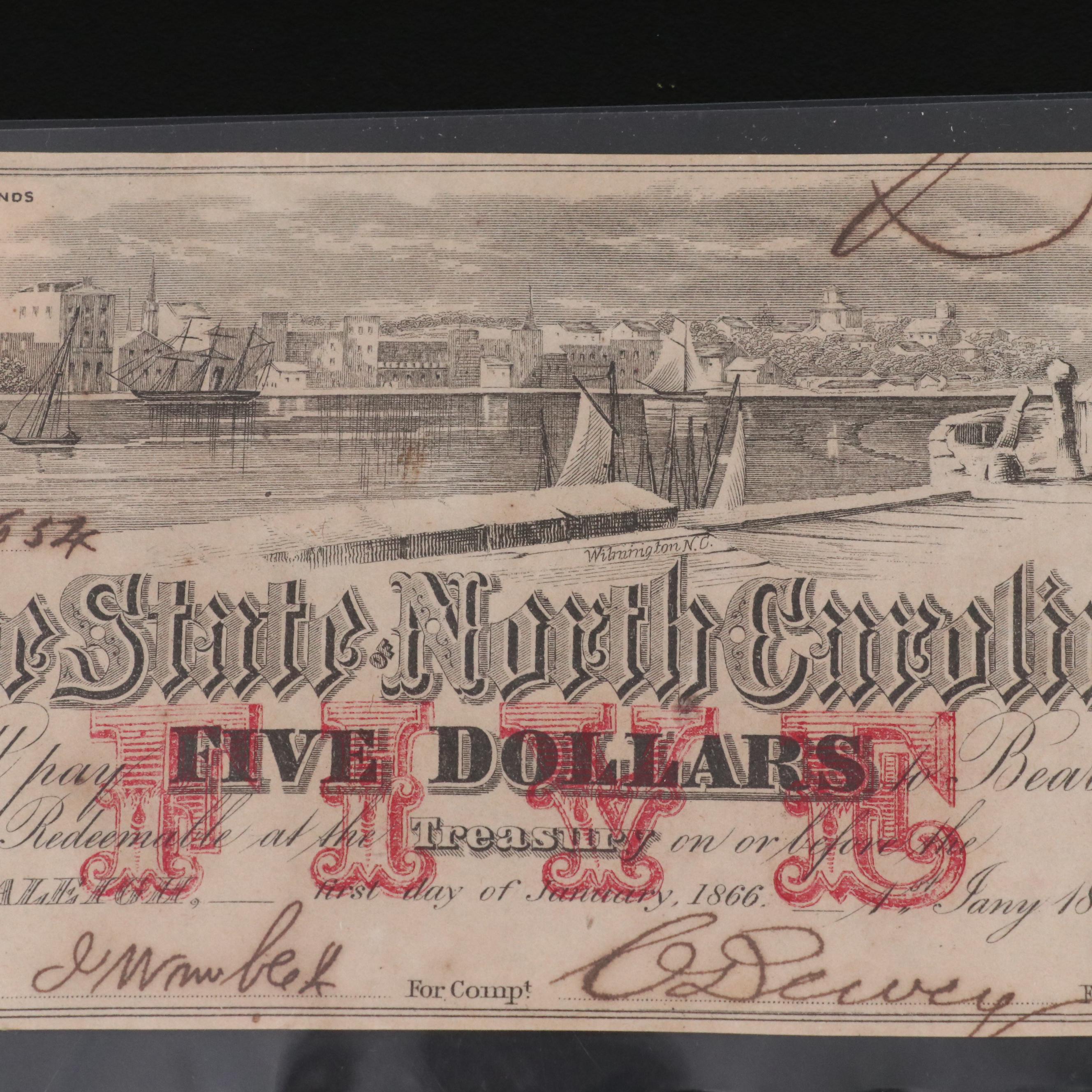 Collection of Five Civil War Era, North Carolina Obsolete Bank Notes