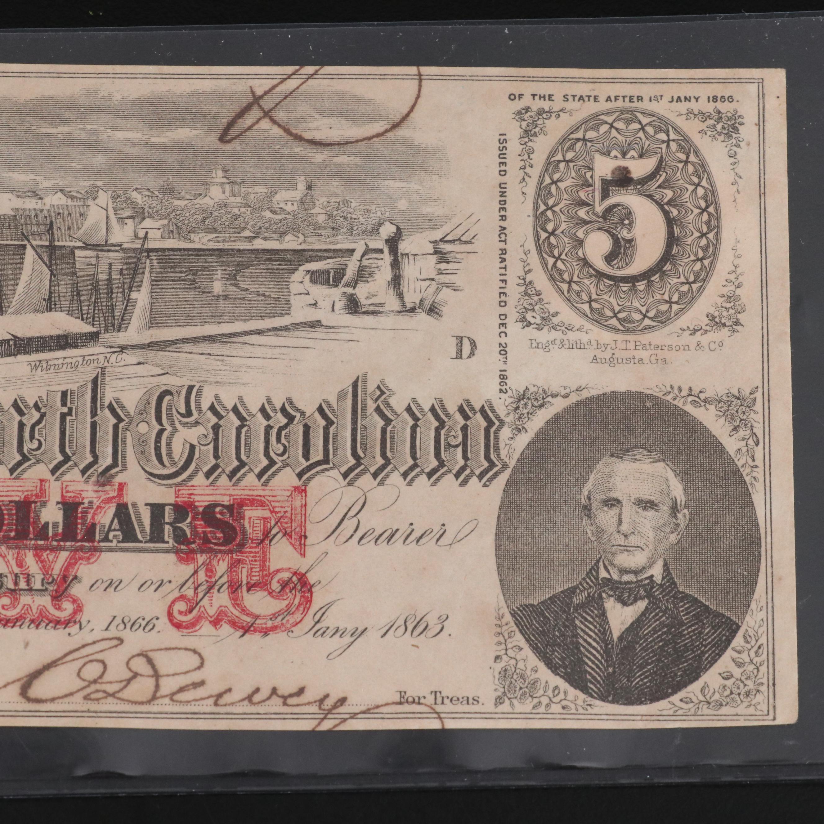 Collection of Five Civil War Era, North Carolina Obsolete Bank Notes