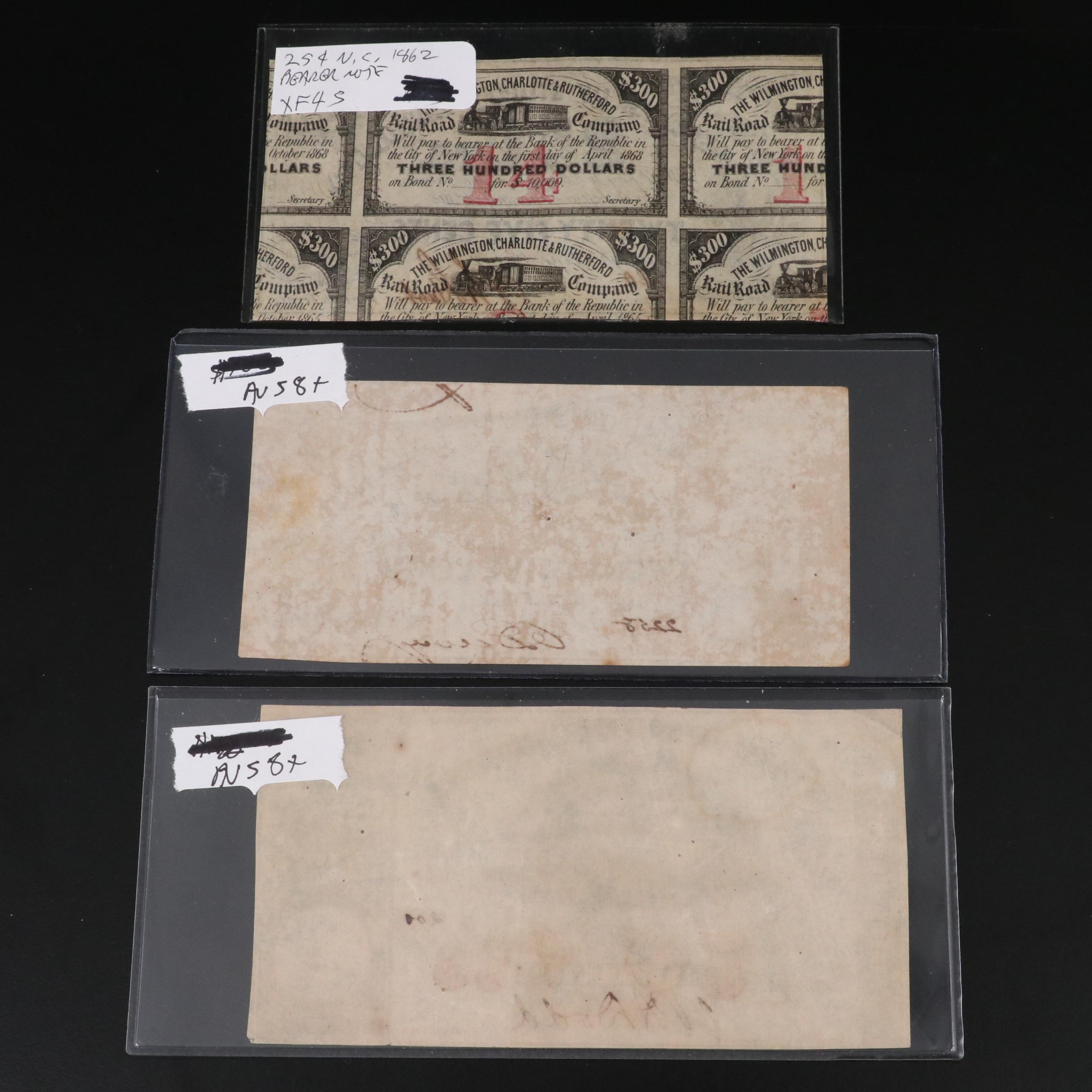 Collection of Five Civil War Era, North Carolina Obsolete Bank Notes