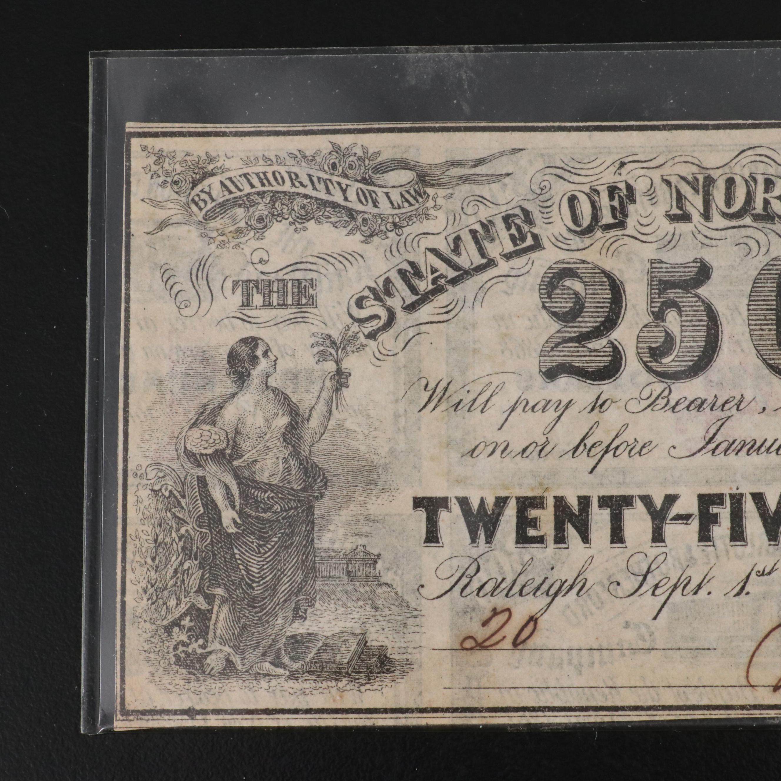 Collection of Five Civil War Era, North Carolina Obsolete Bank Notes