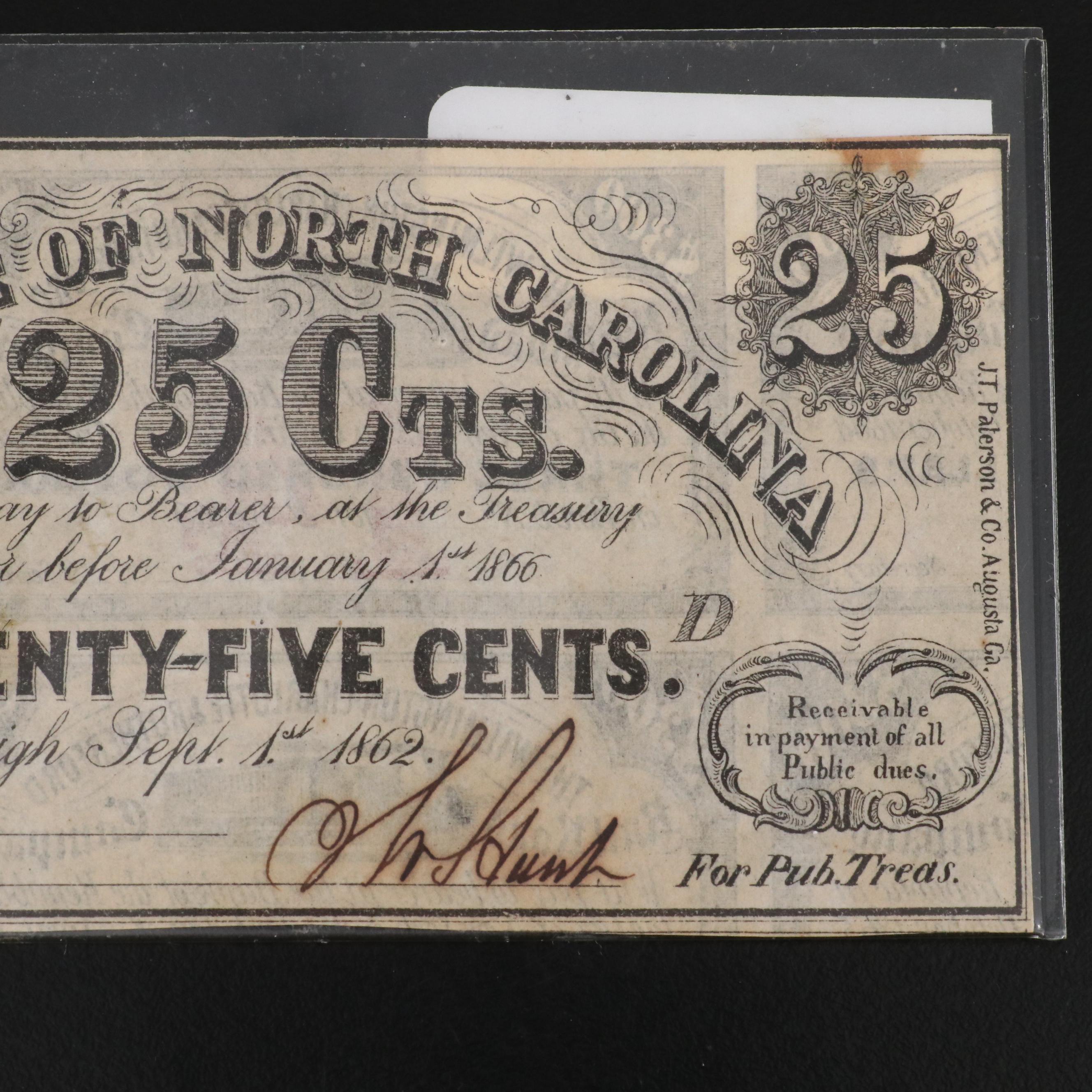 Collection of Five Civil War Era, North Carolina Obsolete Bank Notes