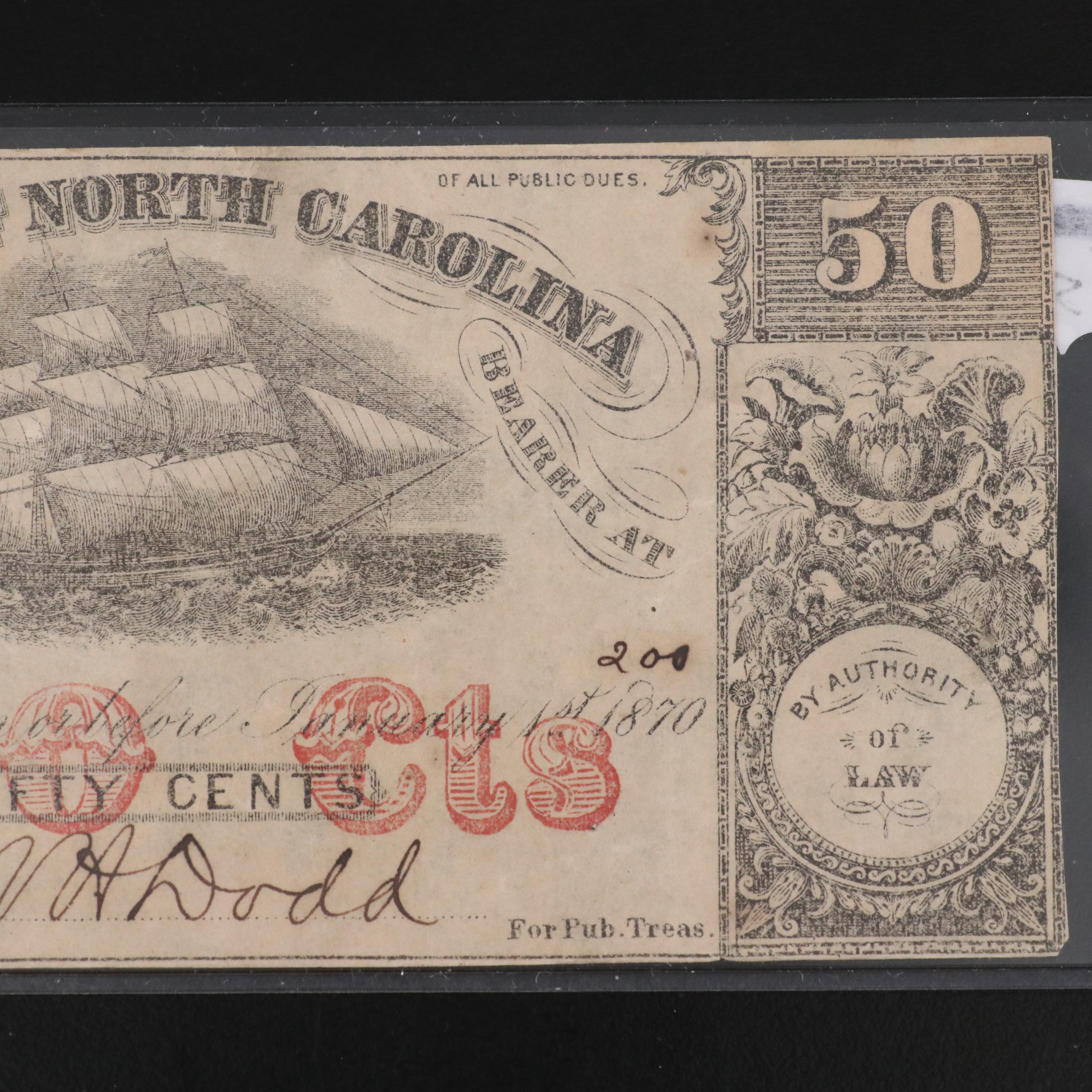 Collection of Five Civil War Era, North Carolina Obsolete Bank Notes