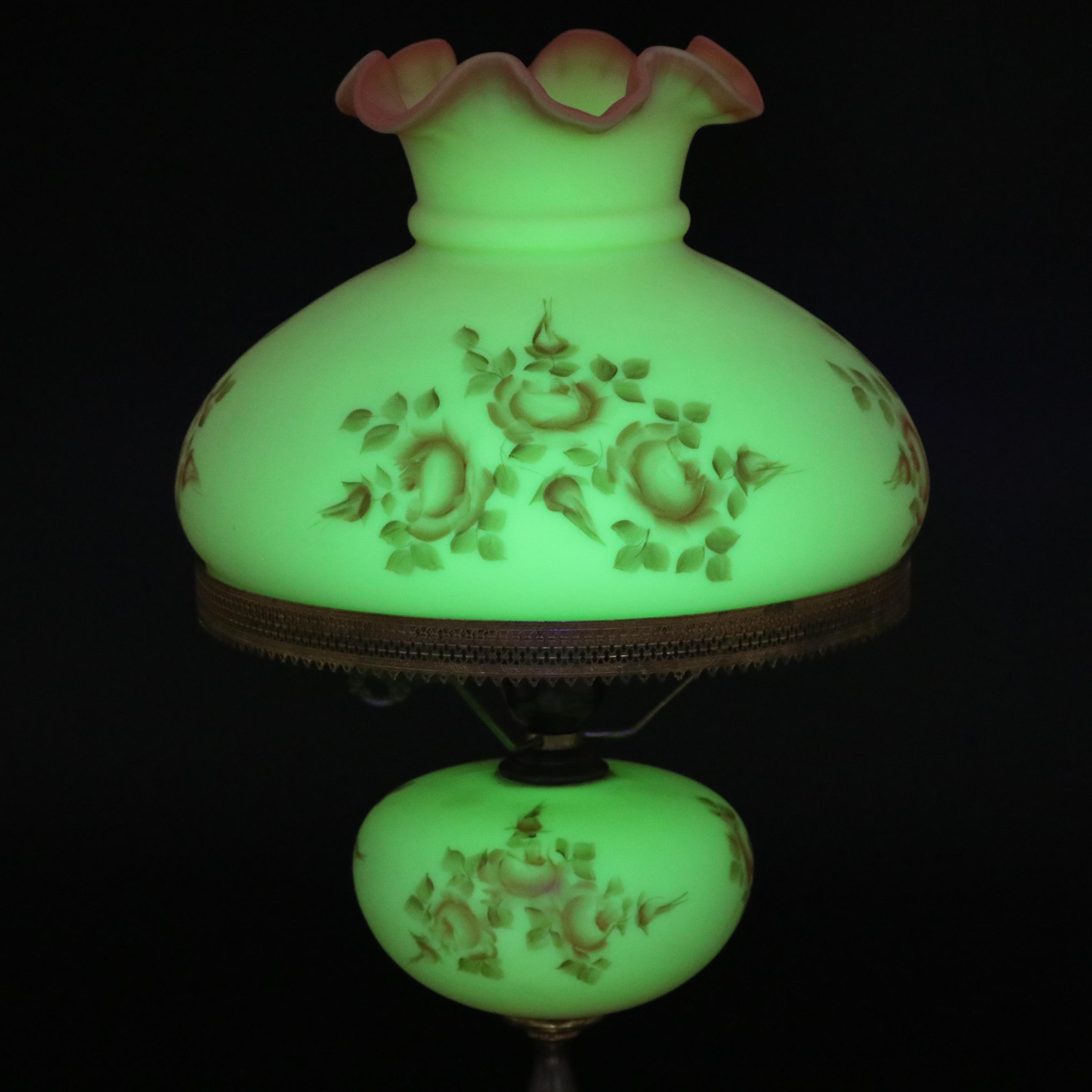 Fenton Burmese Hand-Painted "Rose" Custard Glass Student Lamp, Mid/ Late 20th C