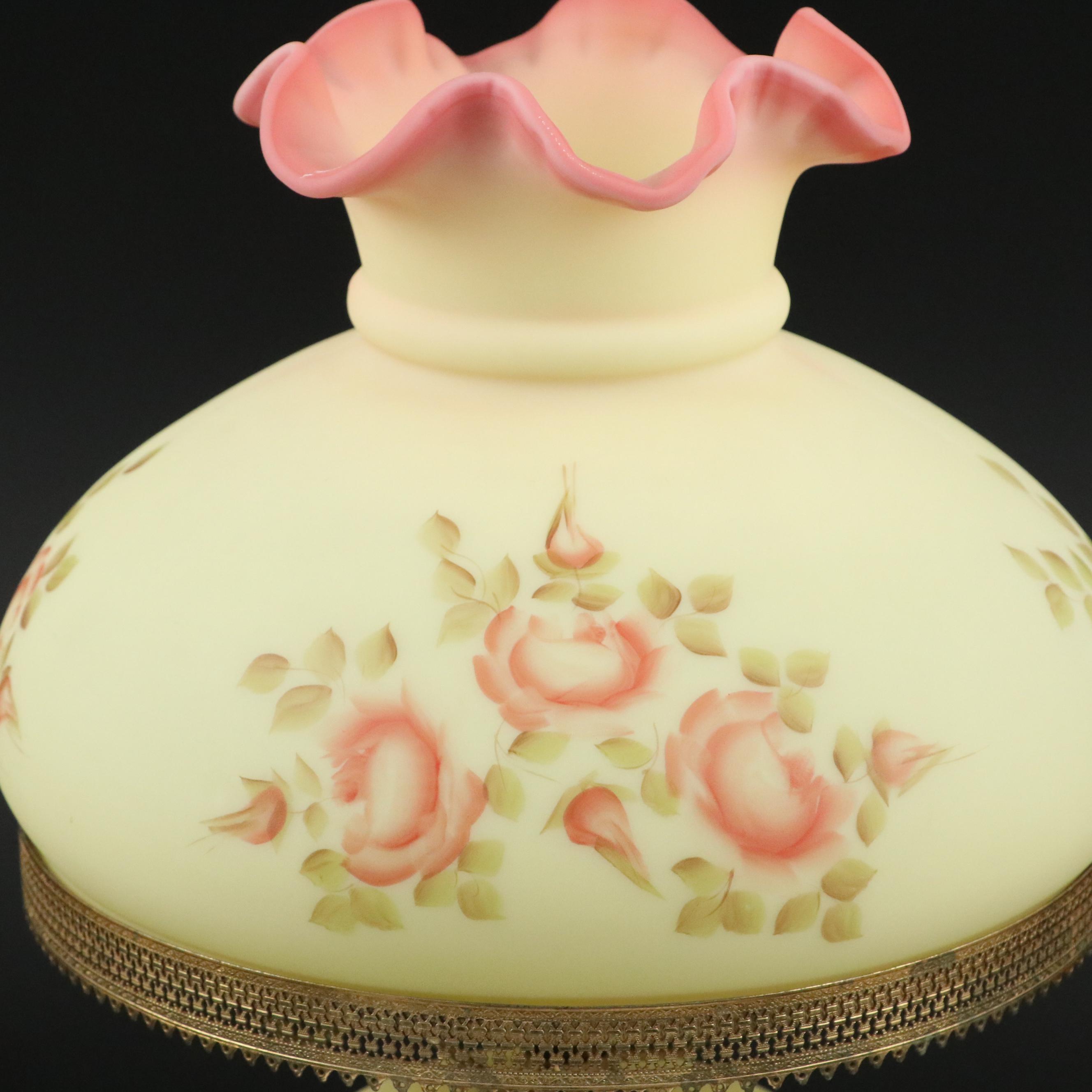 Fenton Burmese Hand-Painted "Rose" Custard Glass Student Lamp, Mid/ Late 20th C